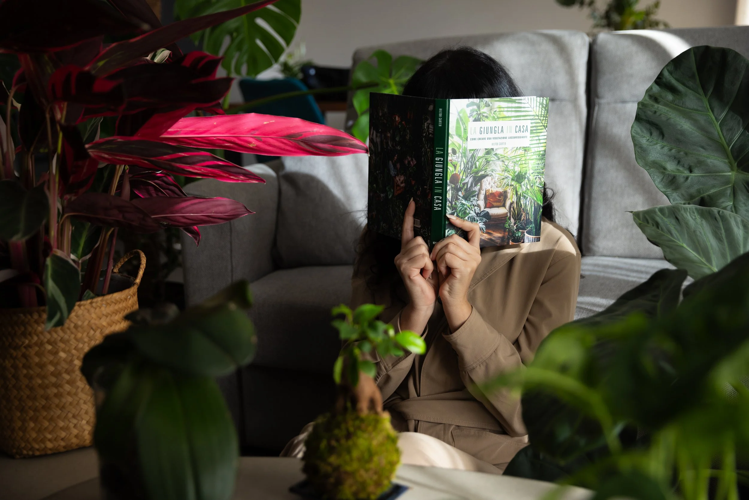 Una persona con cappotto beige che si siede tra molte piante verdi e rosse, legge un libro con copertina di jungle urbano, sede su un divano in un ambiente interno.
