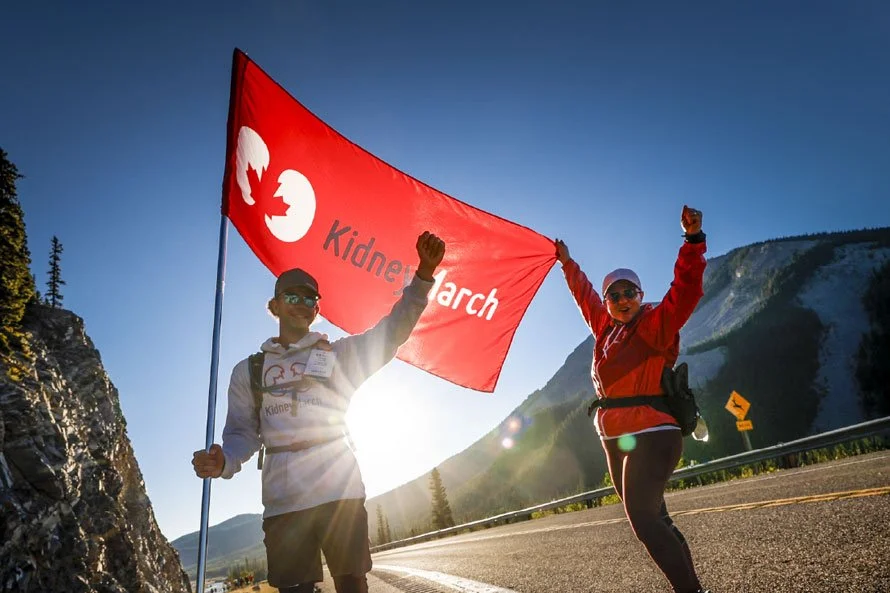 People marching with a flag