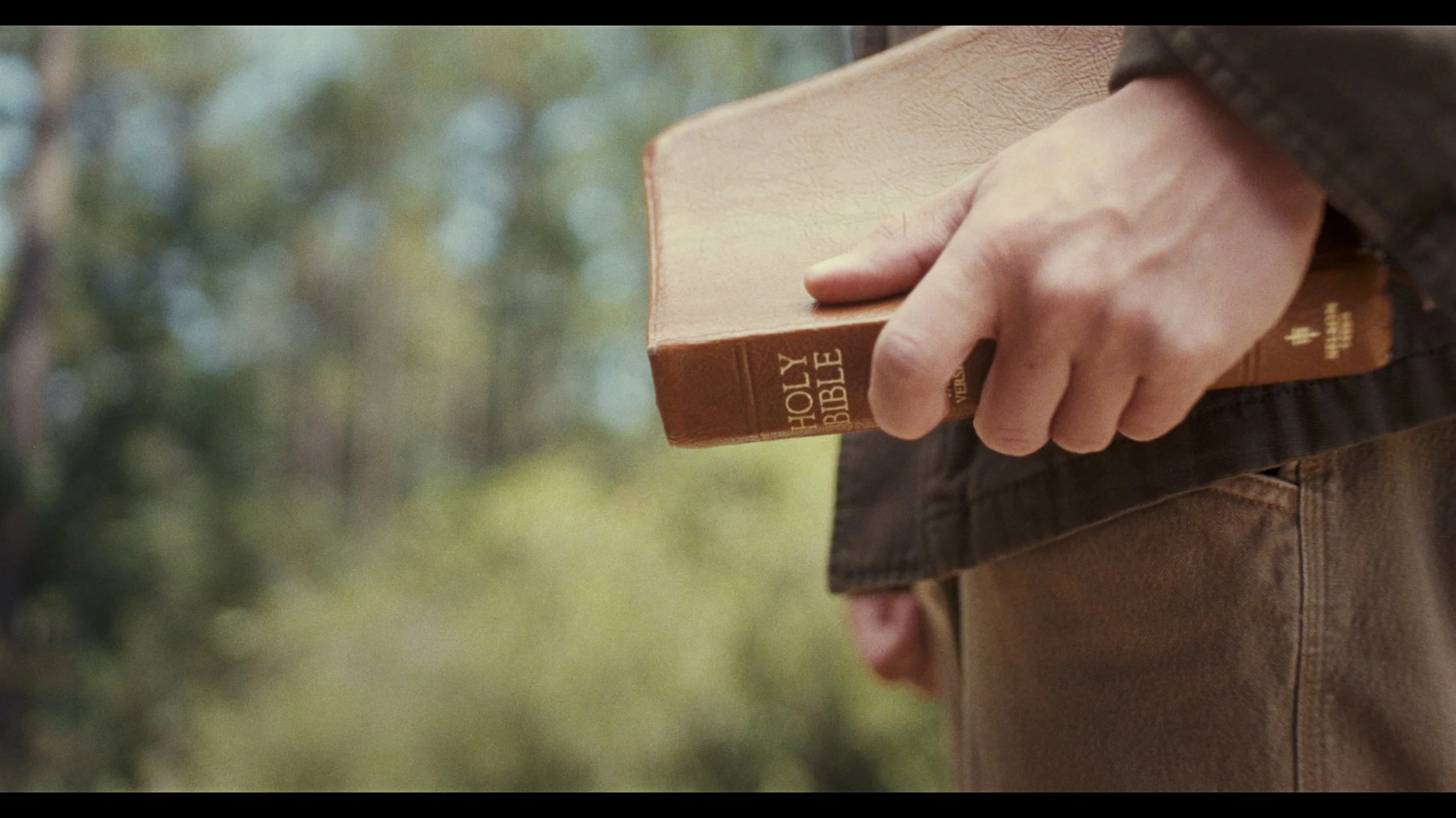 Person holding a brown hardcover Holy Bible outdoors with trees blurred in the background.