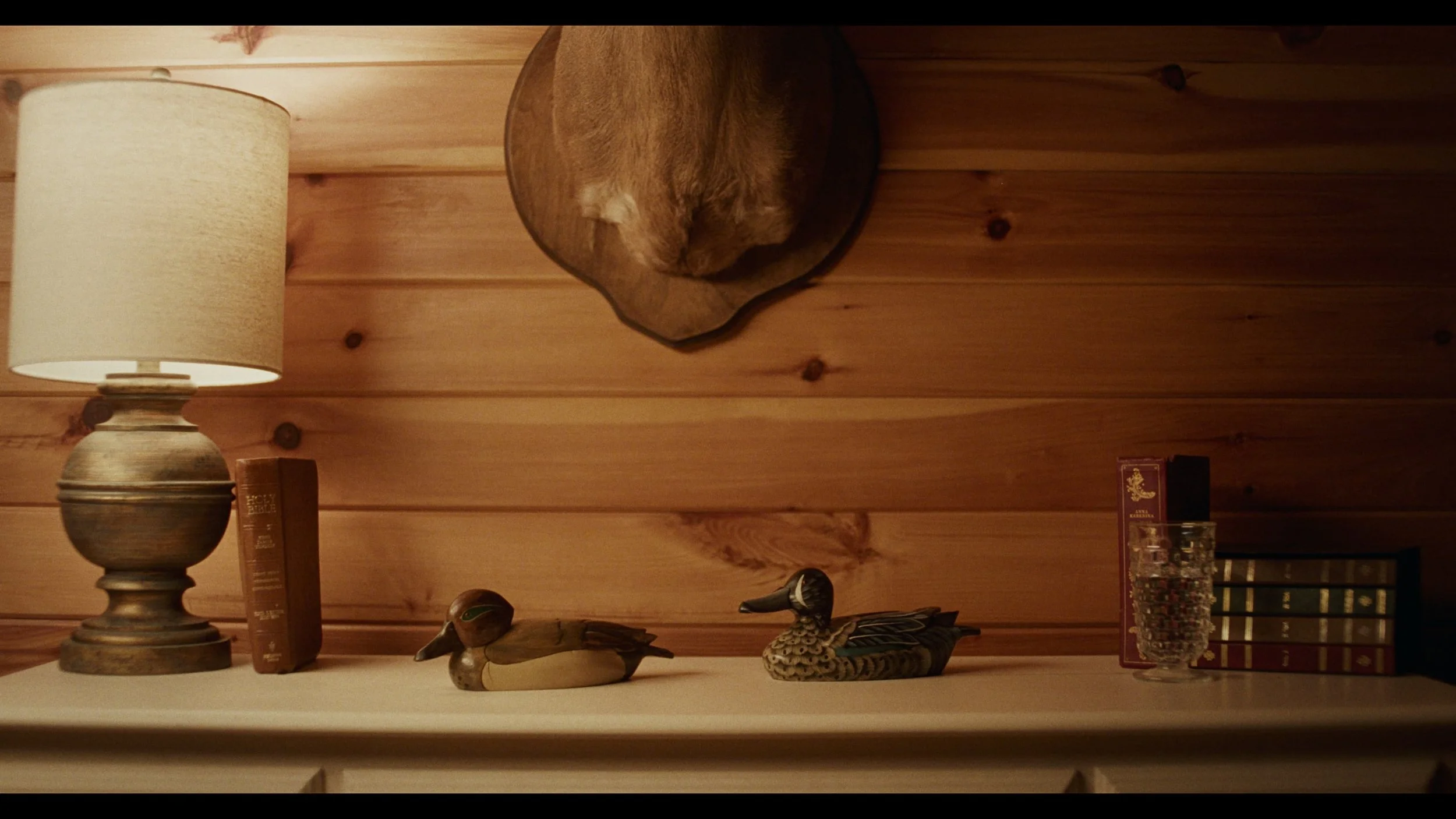 Wooden wall with mounted animal head, table with decorative duck and mallard figurines, lamp, books, and glass of water.