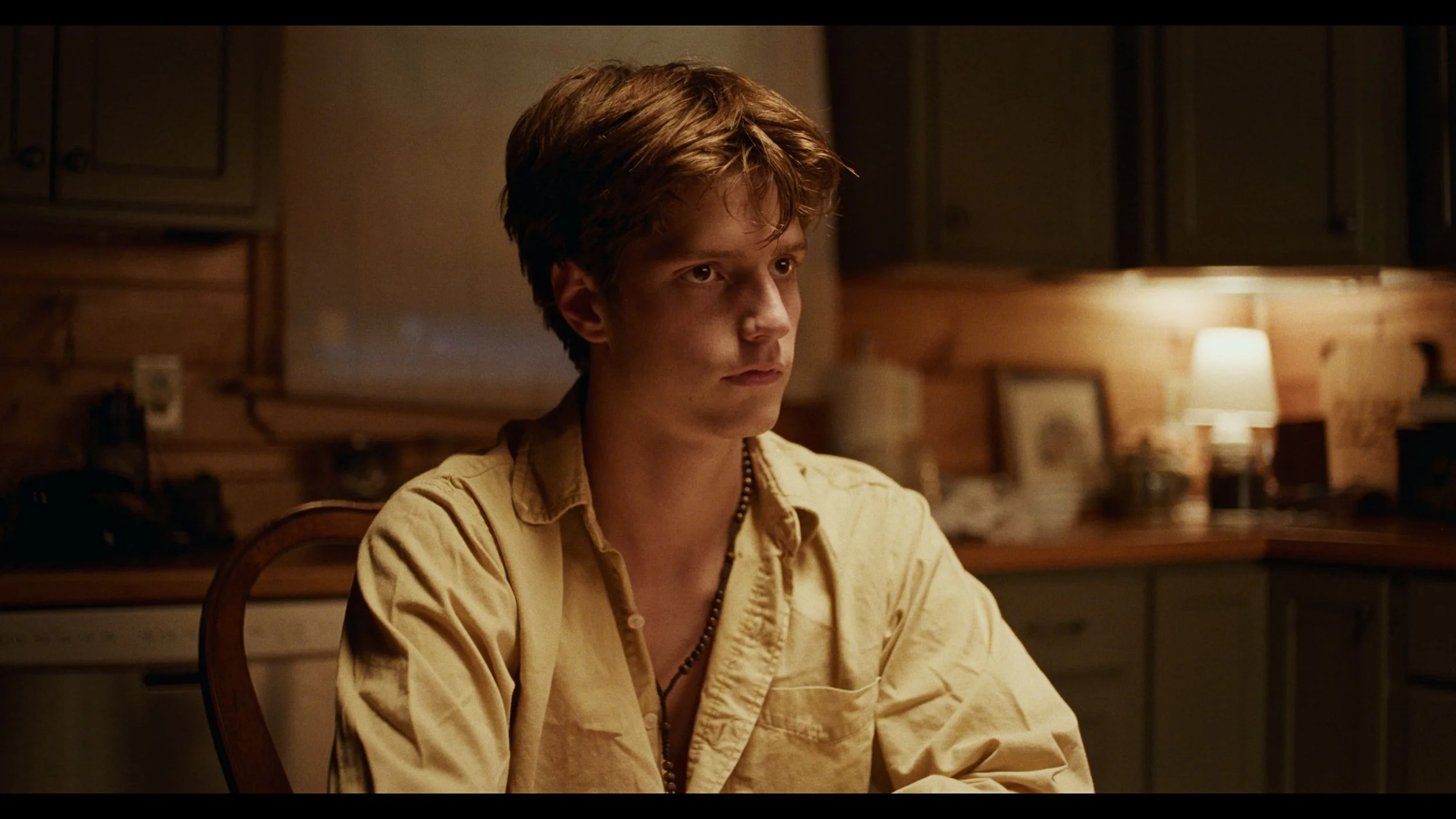 A young man with brown hair and a beige button-up shirt, sitting at a kitchen table, looks serious and pensive. The background includes wooden cabinets, a lamp, framed pictures, and various kitchen items.