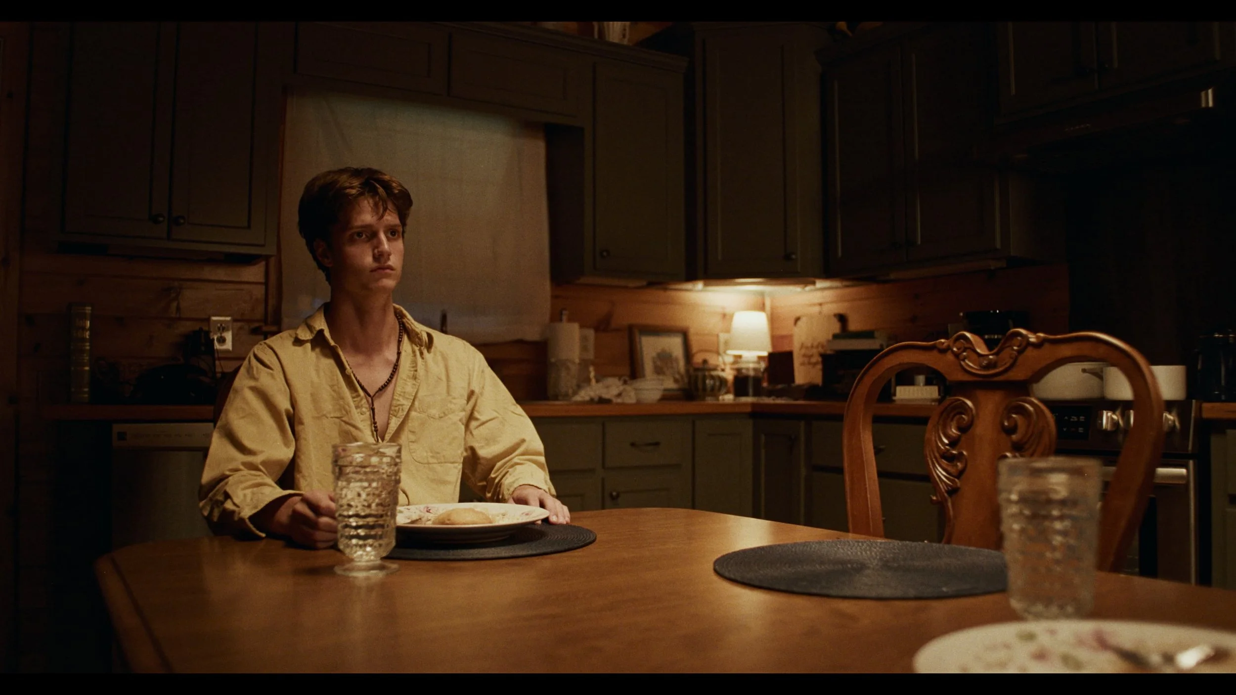 A young man with brown hair sitting alone at a wooden dining table in a dimly lit kitchen, holding a glass of water with a plate of food in front of him.