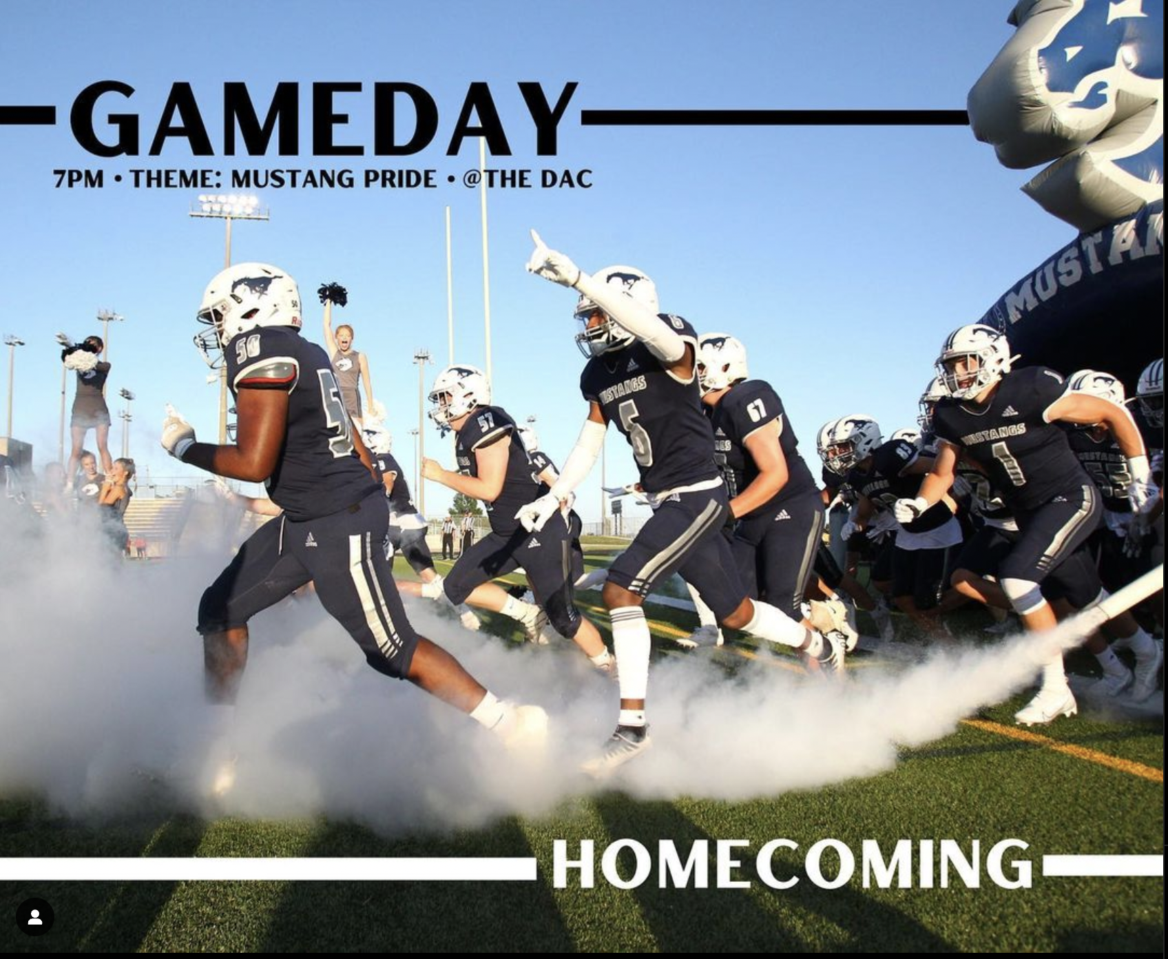 To drum up excitement for the fall homecoming game of the high school season this dynamic photo uses type in open spaces that encourages viewers to attend the game and provides basic information.