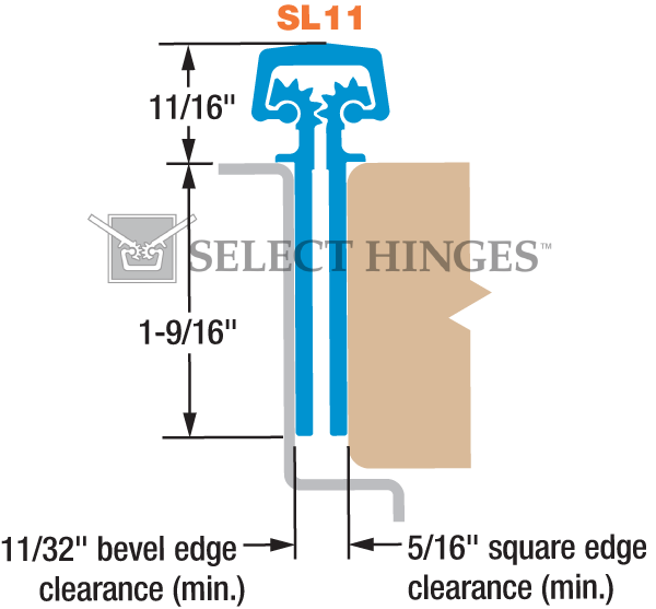 A technical diagram of a hinge with measurements, showing the hinge's dimensions and clearances, labeled SL11, with the brand name Select Hinges.