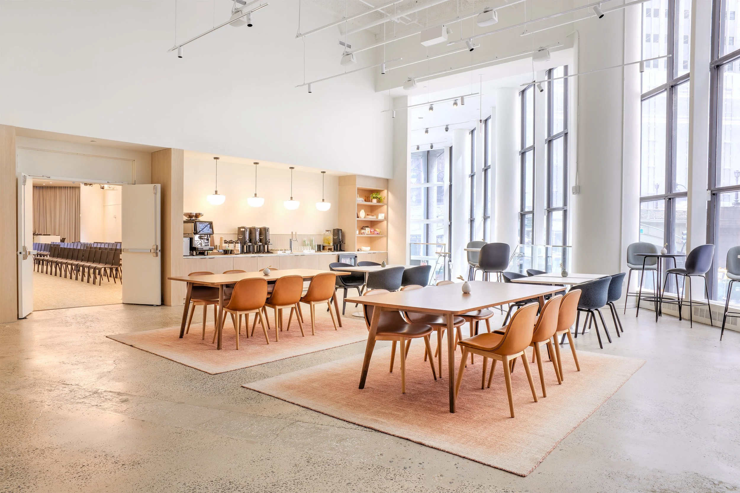 Convene 101 Park Avenue communal workspace seating construction management project by O’Leary Group.