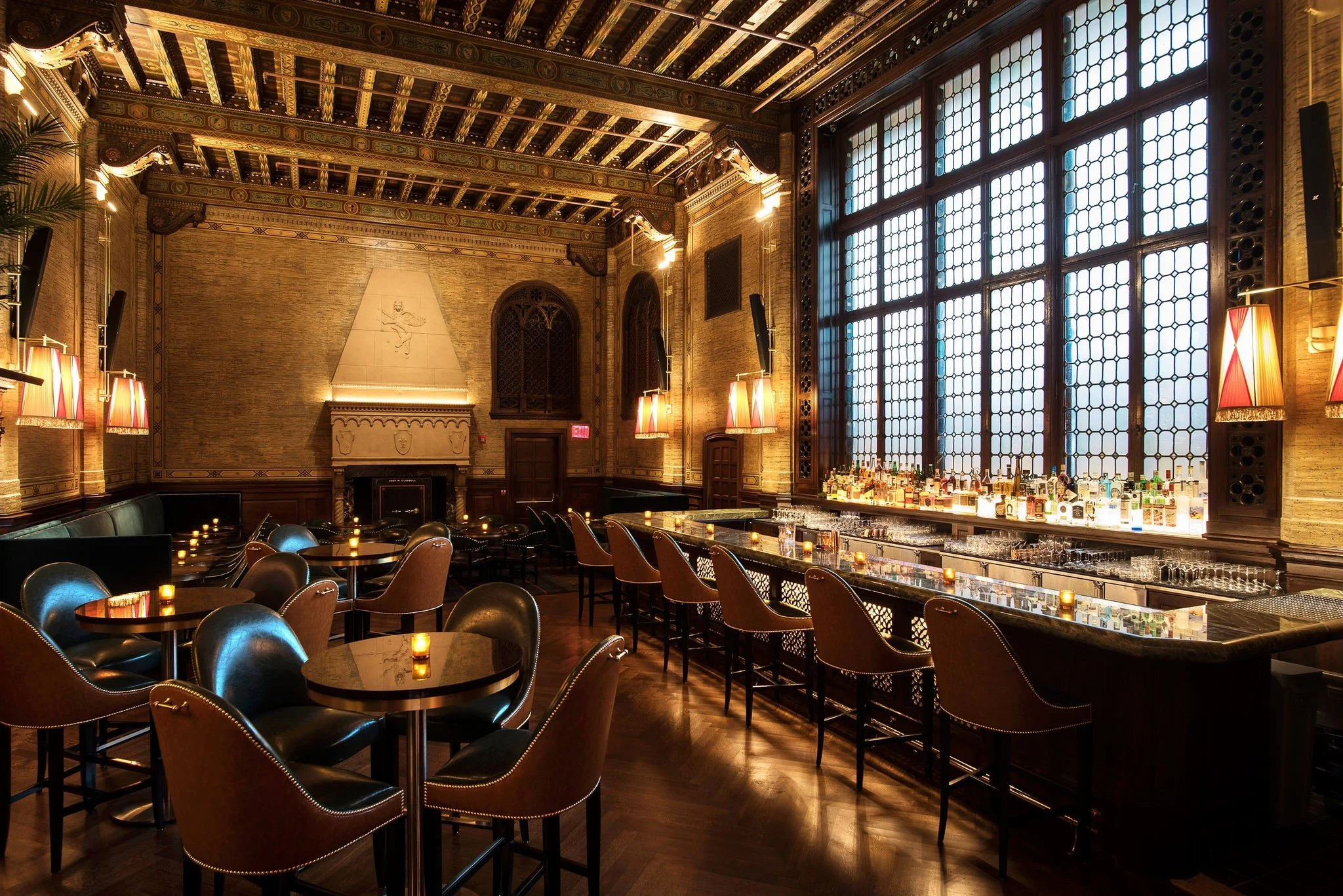 The Campbell cocktail lounge at Grand Central Terminal featuring original flooring and intricate ceiling detail.