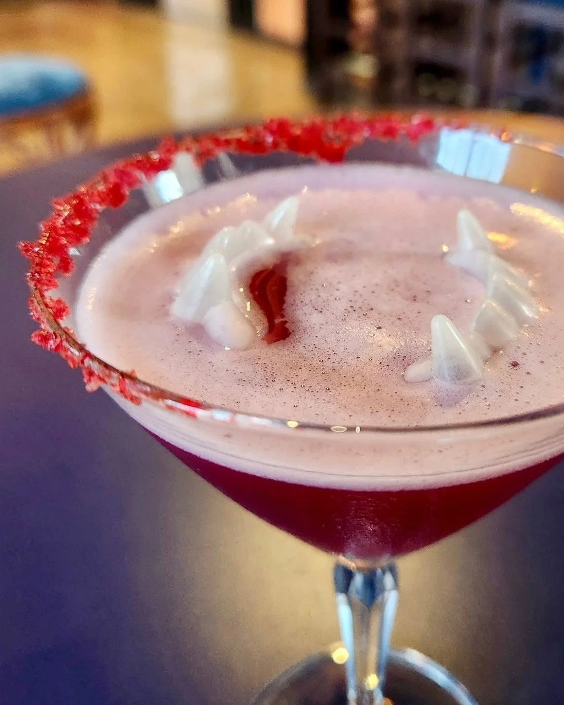 Our October seasonal cocktail is a scream!⁠
⁠
The Count&rsquo;s Cosmo is a vodka cocktail with pomegranate, cranberry,⁠ orange, lime, sugar rim, and spooky vampire teeth. 🧛⁠
.⁠
.⁠
.⁠
.⁠
.⁠
.⁠
.⁠
.⁠
.⁠
.⁠
.⁠
.⁠
#factoryatfranklin #halloweencocktail #
