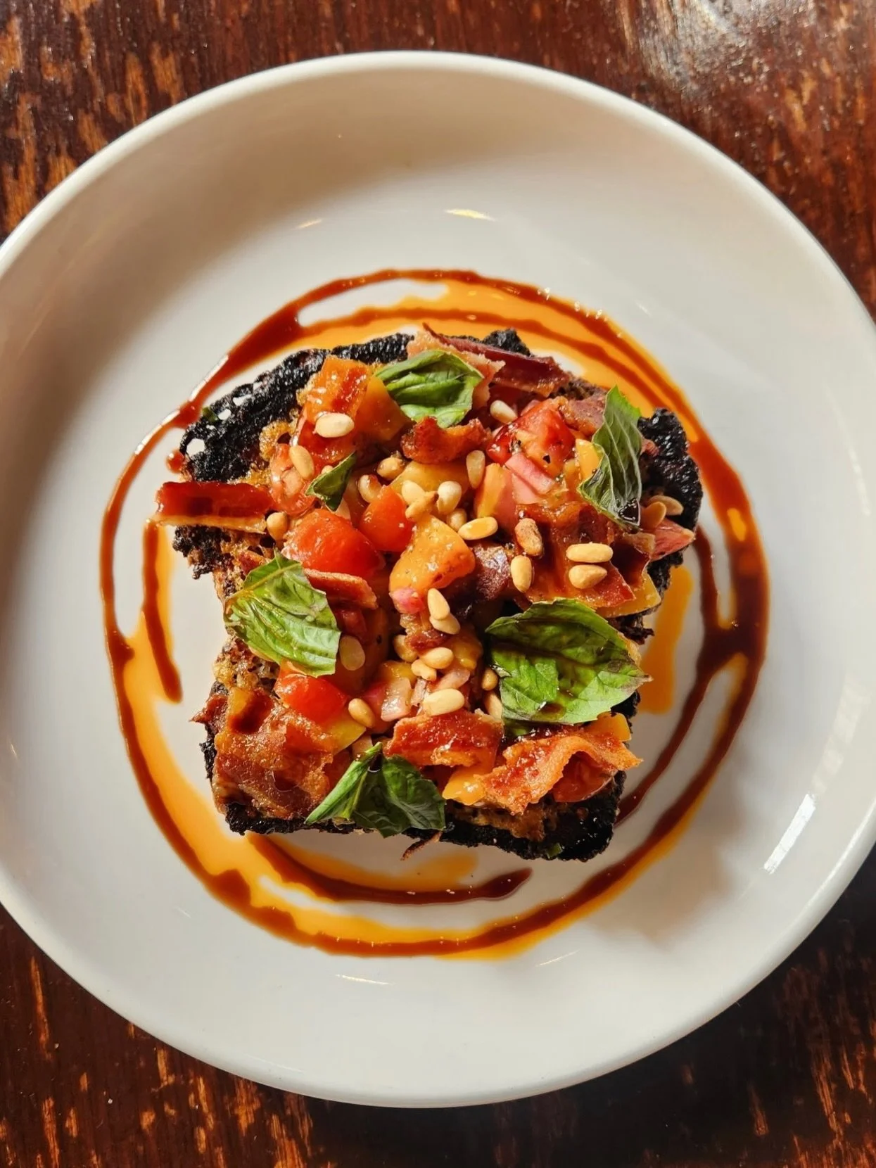 Tonight Chef @detzelspretzels has created a new appetizer special: &ldquo;The Parmesan Pain Perdu&rdquo; 

This is a savory brioche French toast with parmesan crust, grilled peach &amp; heirloom cherry tomato salsa, pomegranate balsamic gastrique, to