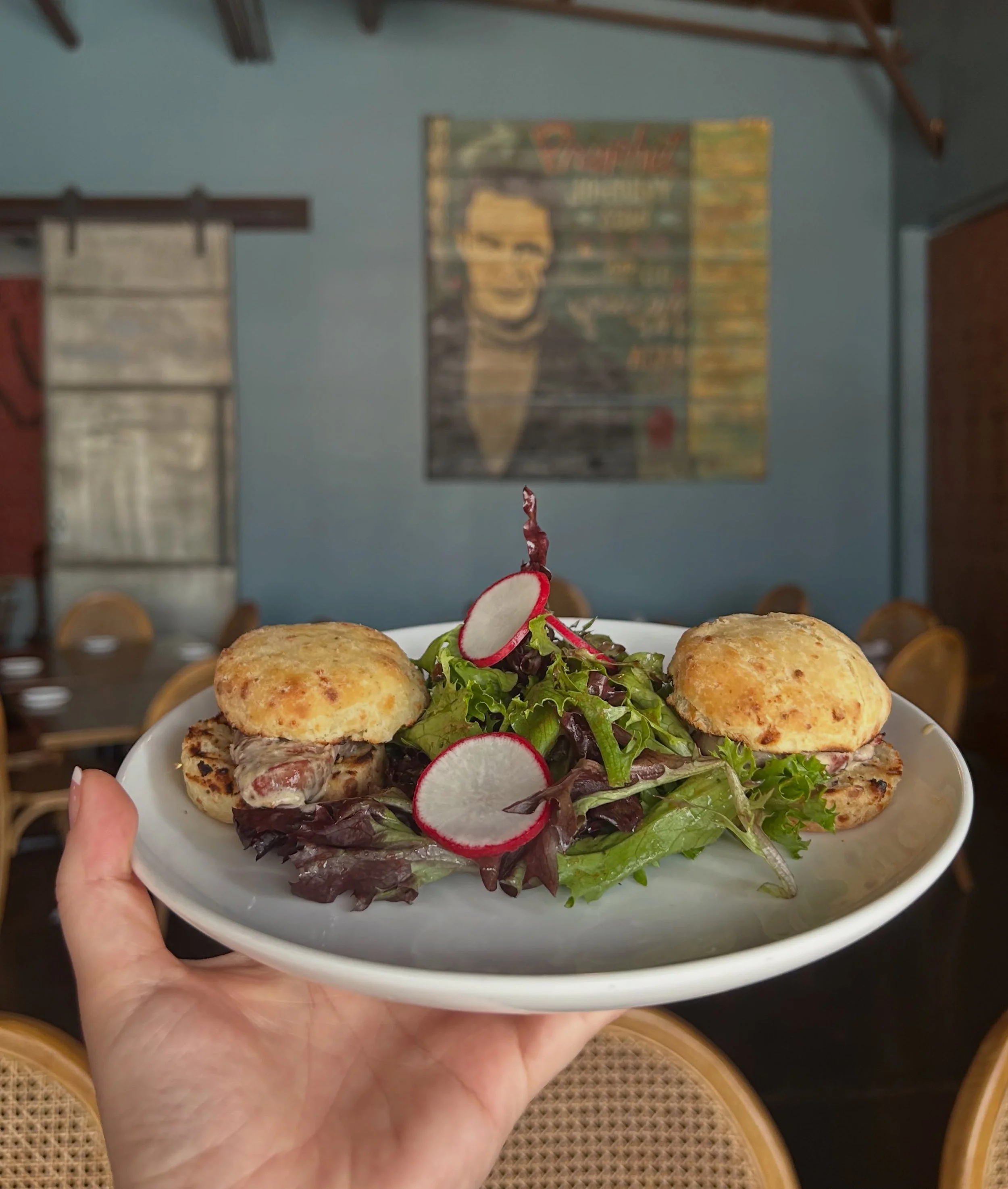 Saffire steak biscuits are a long time favorite, cooked on the hickory wood-fired grill since 2011!

Served over a house made bleu cheese biscuit and glazed with a horseradish demi. 

#hickorywoodfiregrill #franklintn #factoryatfranklin