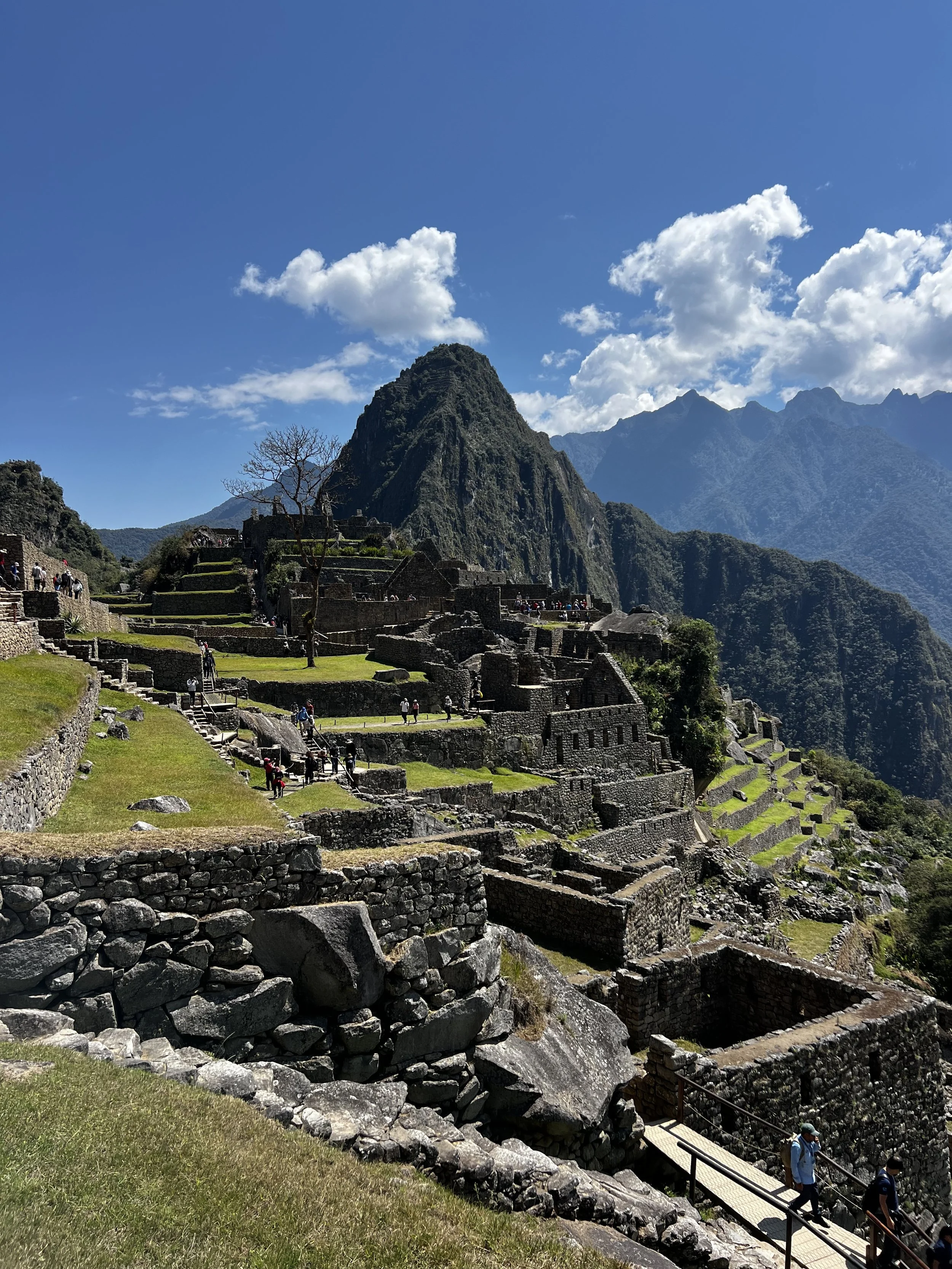 Ancient ruins of Machu Picchu with terraces and stone structures, surrounded by green mountains under a blue sky with scattered clouds.
