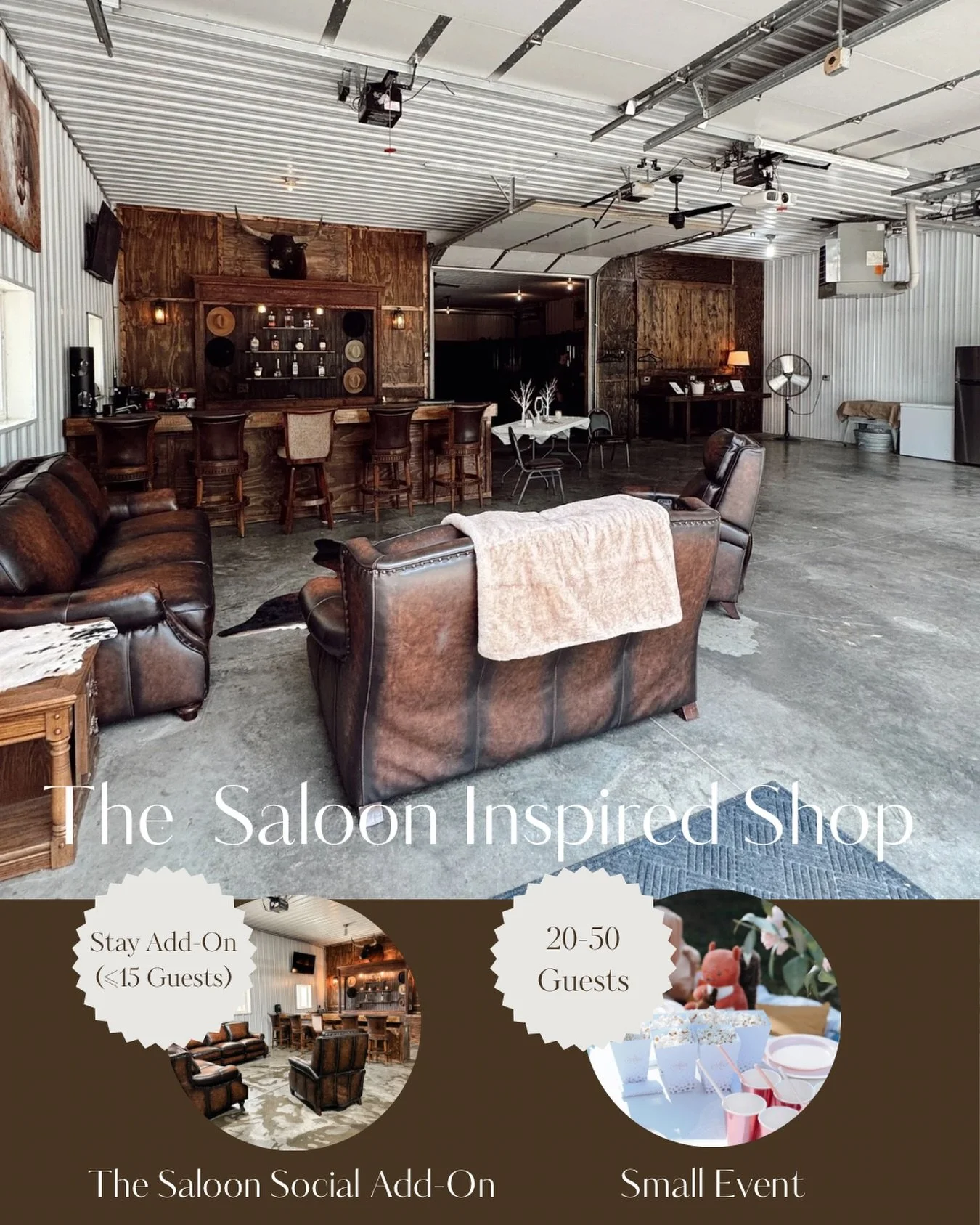 There&rsquo;s more than one way to gather at Stable Waters. 

✨ Saloon Social Add-On
Enhance your standard stay with access to our saloon-style bar &amp; flex space. Perfect for game nights, snacks &amp; drinks, birthday weekends, or just spreading o