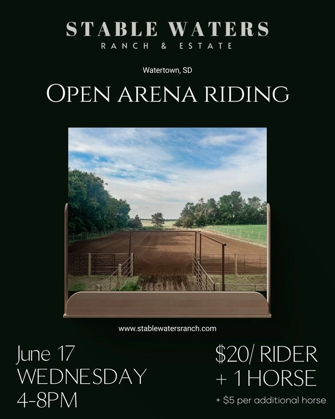 Too much rain in our arena for (today) June 10th, but there are plenty more days ahead for Open Arena Nights at Stable Waters!
Join us next week, June 17th!

New environments / a different arena offers confidence &amp; exposure for your equine team w