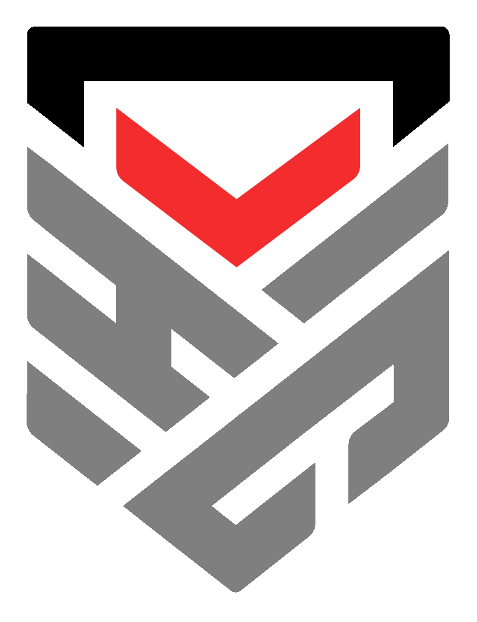 A stylized geometric logo with black, red, and gray colors, resembling a modern, angular emblem.