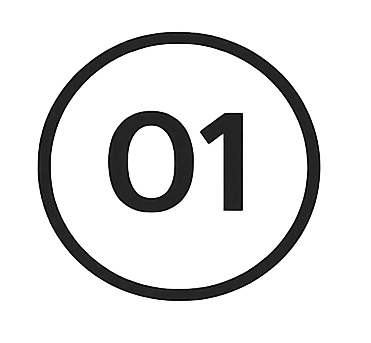 A black circular icon with a border and the number '01' in the center.