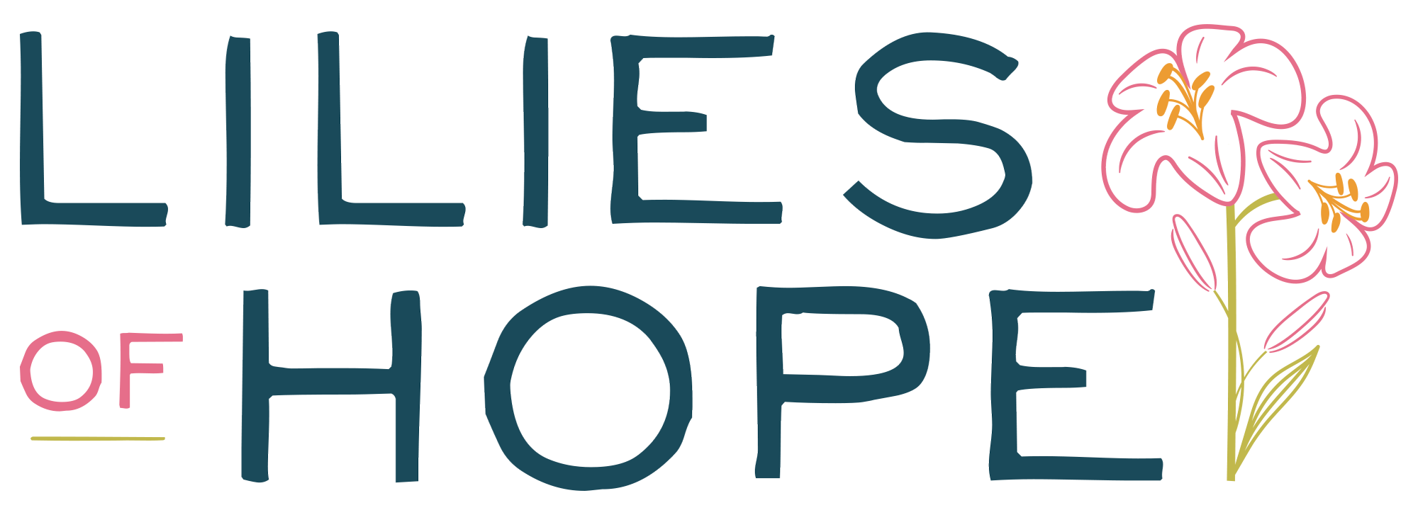 Illustration with the text 'Lilies of Hope' accompanied by a drawing of pink lilies with yellow stamens and green stems.