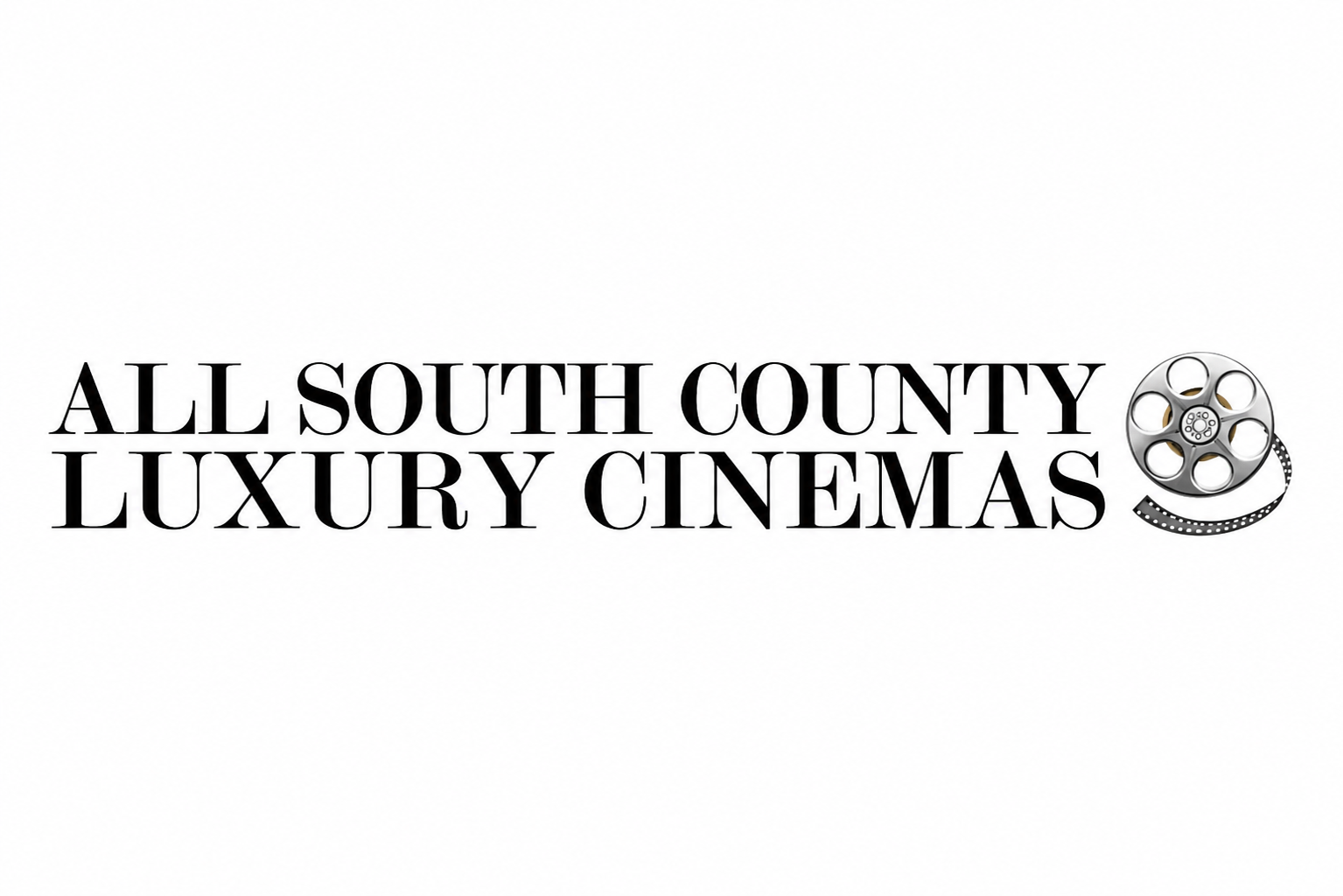 Logo for All South County Luxury Cinemas with a film reel graphic on the right side.