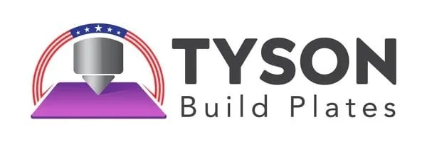 Logo for Tyson Build Plates featuring a 3D printer nozzle above a purple build plate with red, white, and blue design elements and the text 'TYSON Build Plates'