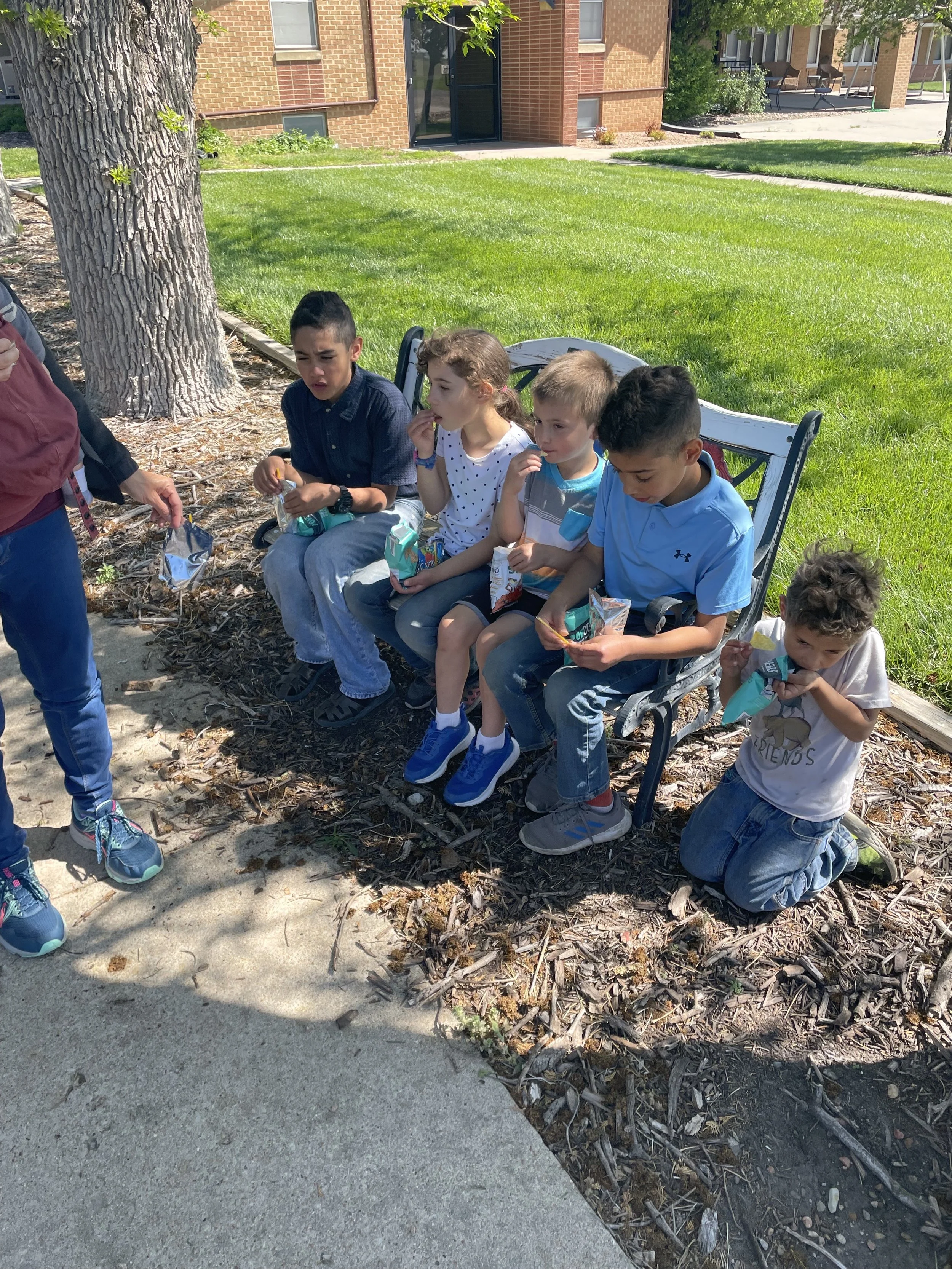 A group of children sitting on a bench outdoors, holding snack bags, with a person standing beside them. The children are under a tree near a grassy area and building.