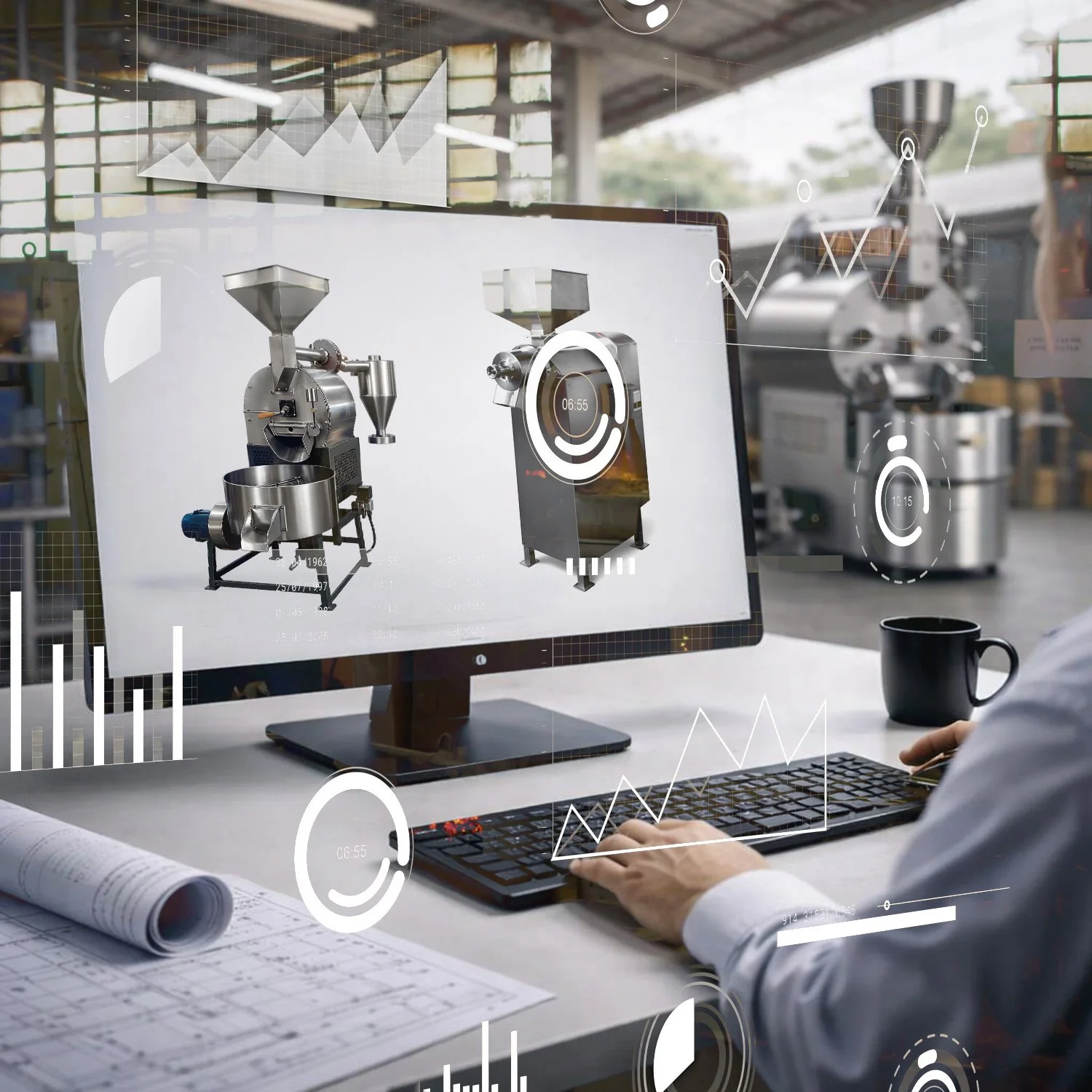 Persona trabajando en una oficina con una computadora que muestra modelos 3D de maquinaria industrial y gráficos de análisis de datos