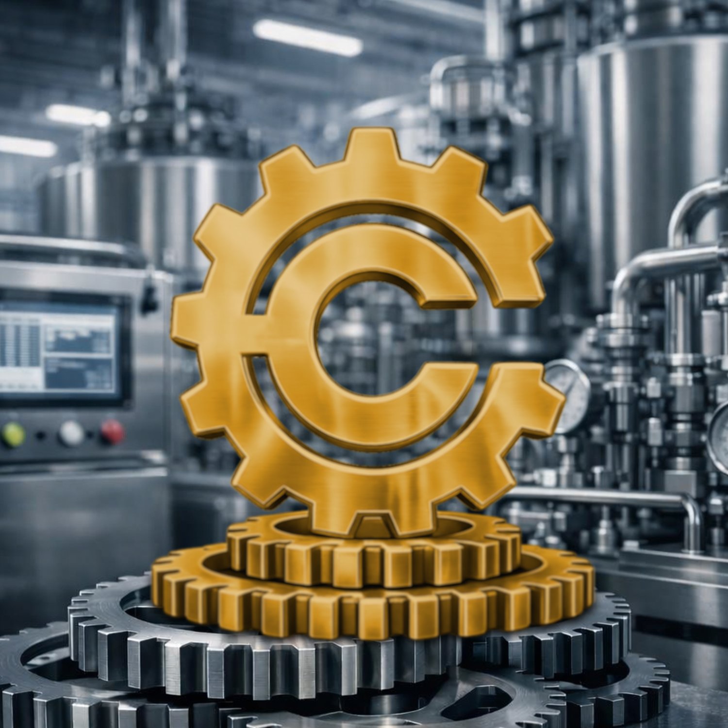 Figura de engranaje dorado con símbolo de euro, sobre engranajes plateados en un entorno industrial con maquinaria y tuberías de acero.