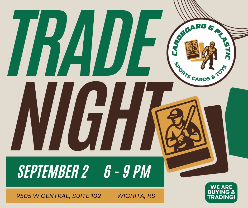 Poster for trade night event on September 2 from 6 to 9 PM at 9505 W Central, Suite 102, Wichita, KS, featuring sports cards and toys, with buying and trading options.