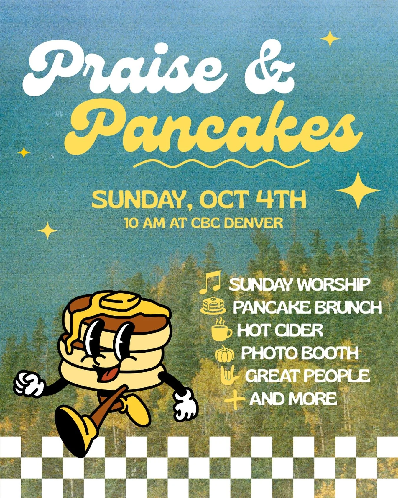 PRAISE &amp; PANCAKES 🙌🥞
There&rsquo;s more fall fun to be had this Sunday! Invite your people! We&rsquo;re gonna gather as a church, lift up the name of Jesus, and enjoy some fall festivities after service: 

🥞 Pancake brunch
☕️ Hot cider
📸 Phot