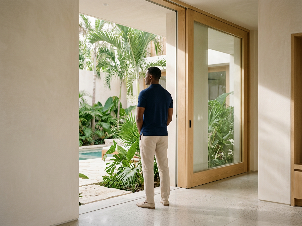 Man standing indoors near sliding glass doors, looking outside at a lush tropical garden with palm trees and plants