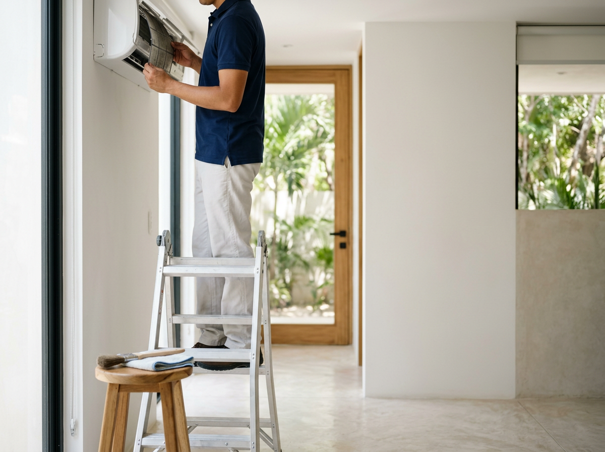 AC servicing — regular maintenance to keep units running efficiently in Tulum's heat. A person standing on a small ladder cleaning or repairing an air conditioning unit mounted on the wall inside a room.