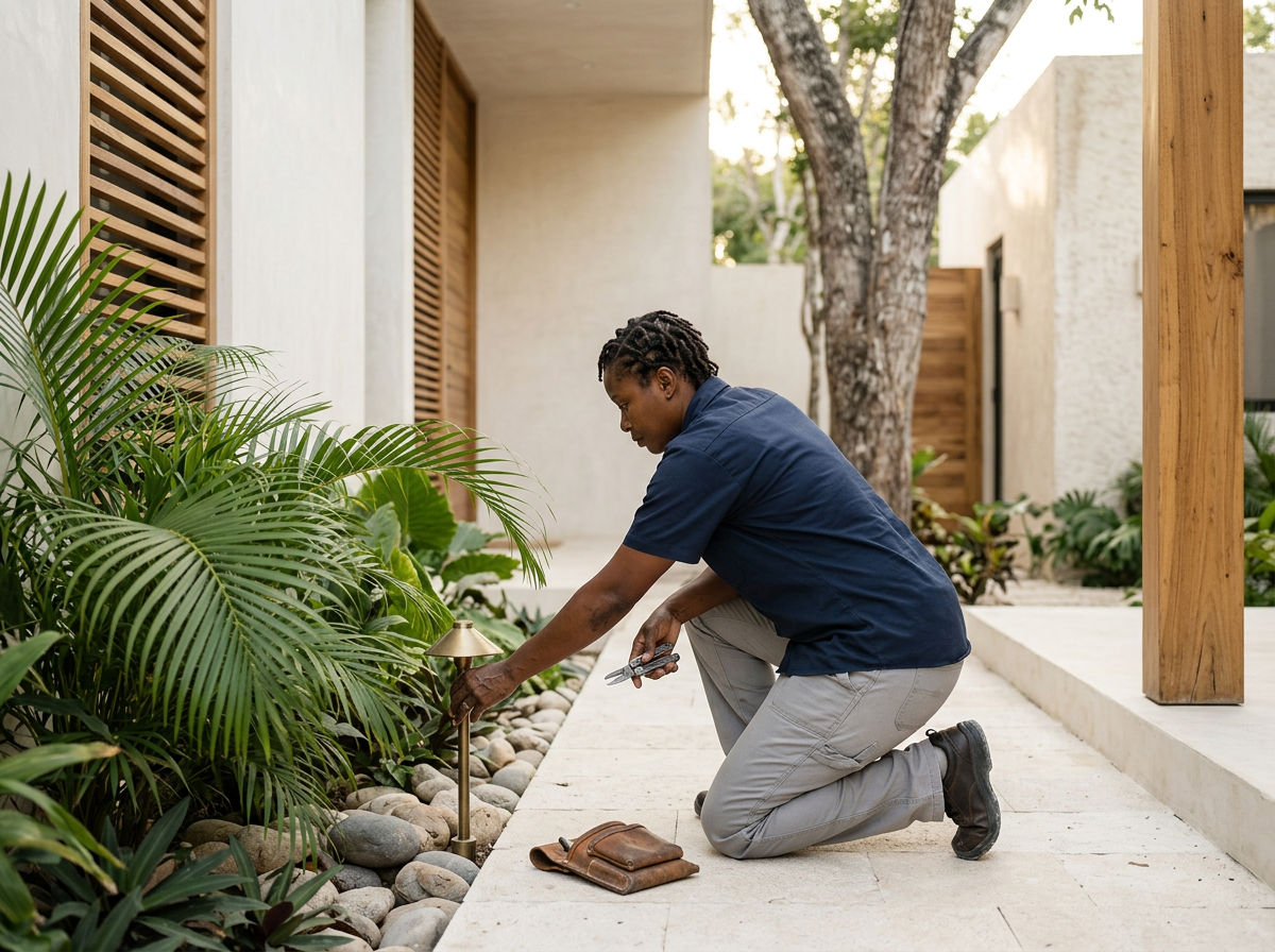 A person kneeling on a stone pathway, adjusting landscape lighting among plants near a modern house with wood accents.