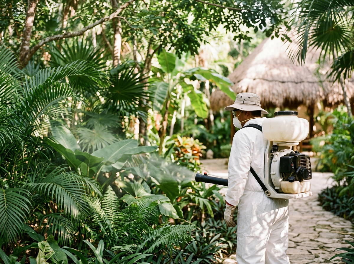 A person wearing a hat, mask, and white protective suit spraying pesticides or insecticide in a lush, green tropical garden with a hut in the background.