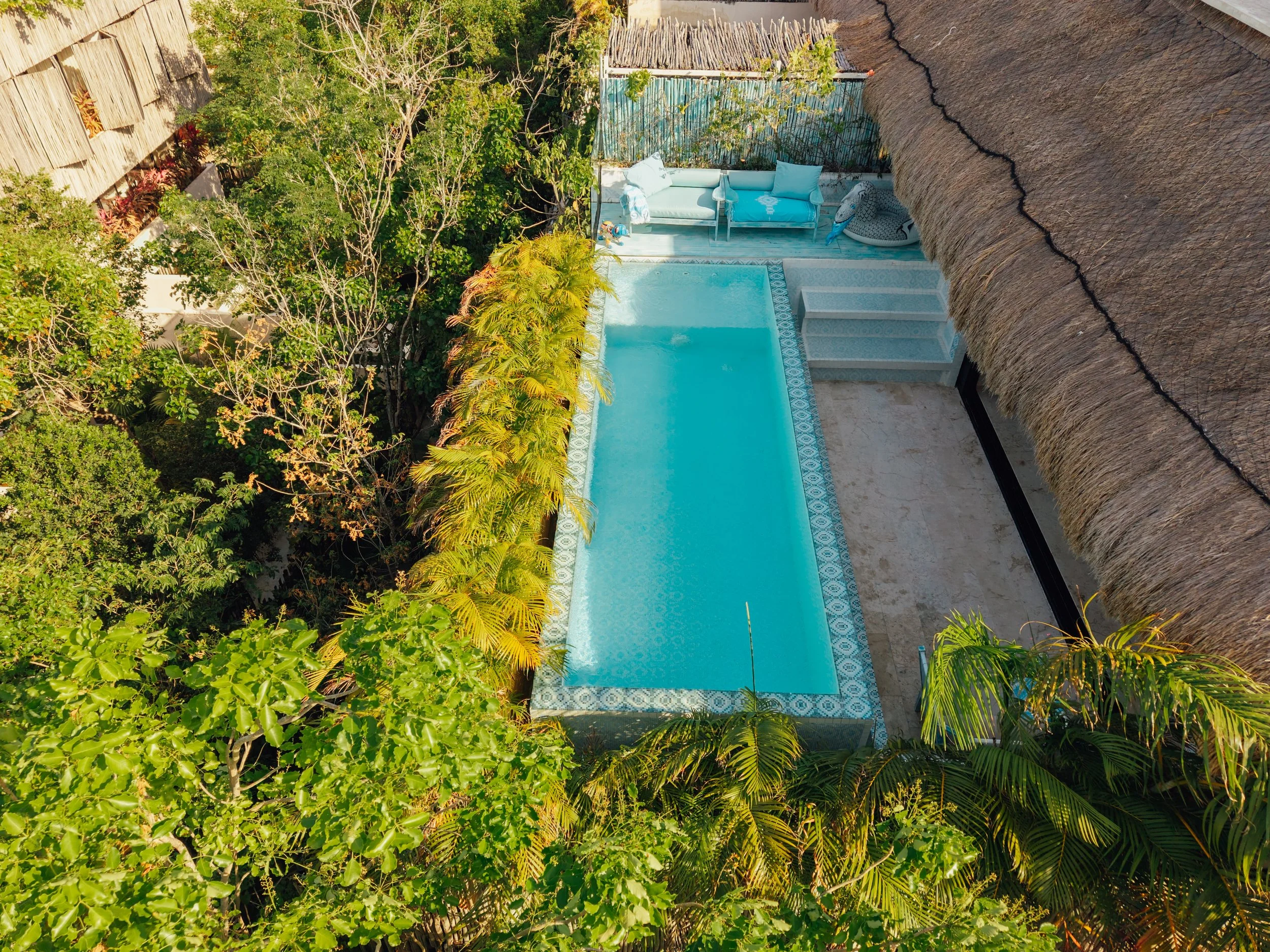 Aerial view of a backyard with a swimming pool, surrounded by lush green trees and plants, a thatched roof on the right side, and patio furniture near the pool.