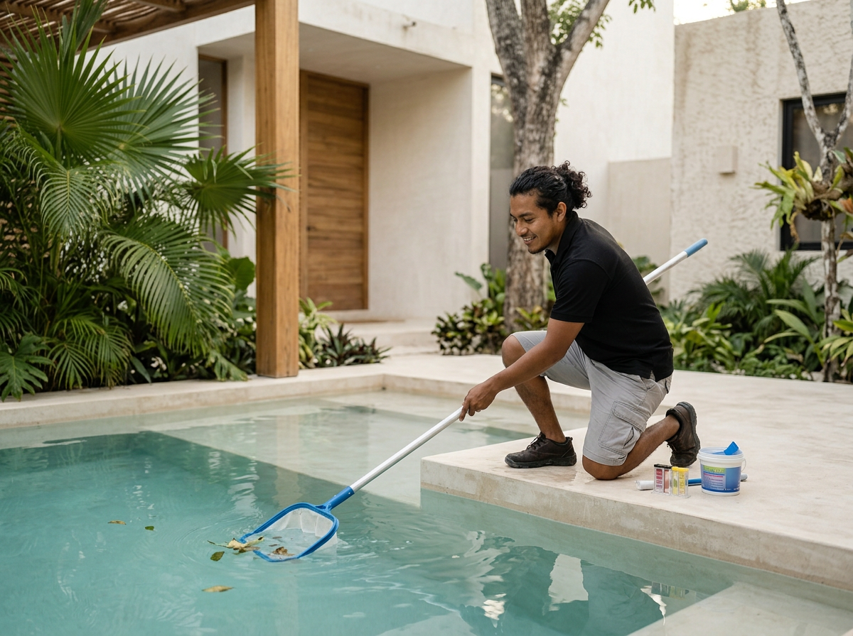 Professional pool maintenance in Tulum, cleaning and chemical balance to keep it swim-ready