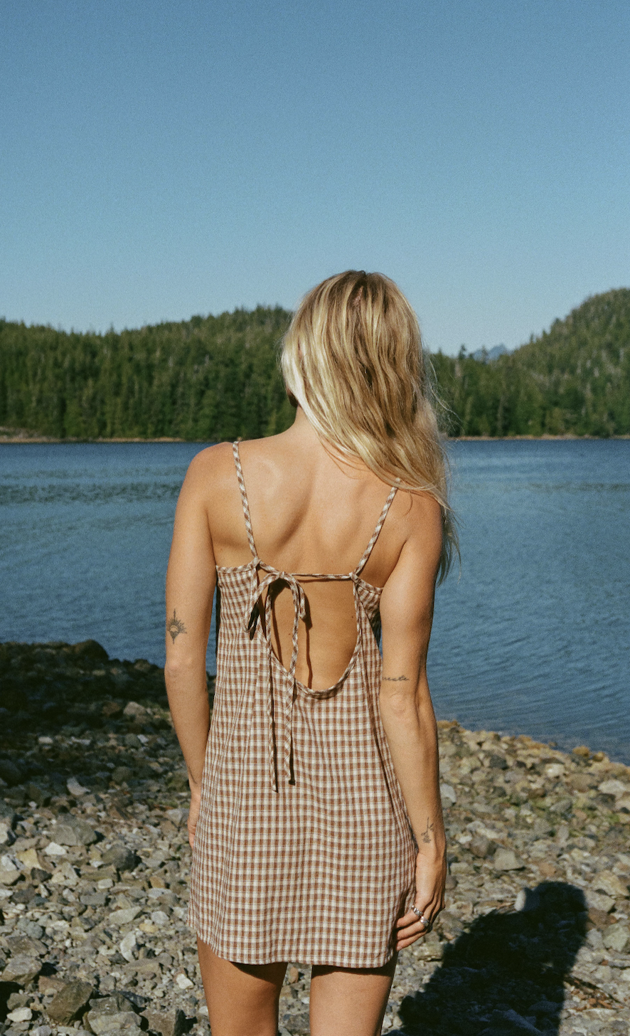 Woman in a checkered dress with an open back standing on a rocky lakeshore, facing water and forested hills under a clear blue sky.
