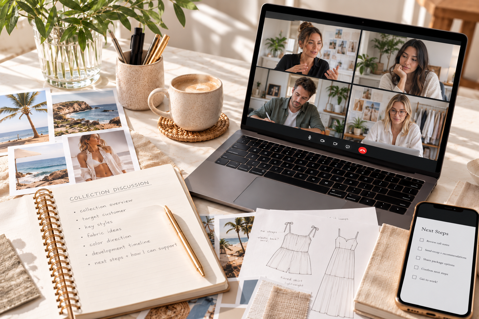 A laptop on a white table displaying a virtual meeting. The table also has a smartphone, a notebook with planning notes, printed photographs, sketches of clothing designs, a cup of coffee, photographs of a beach scene, and various office supplies.