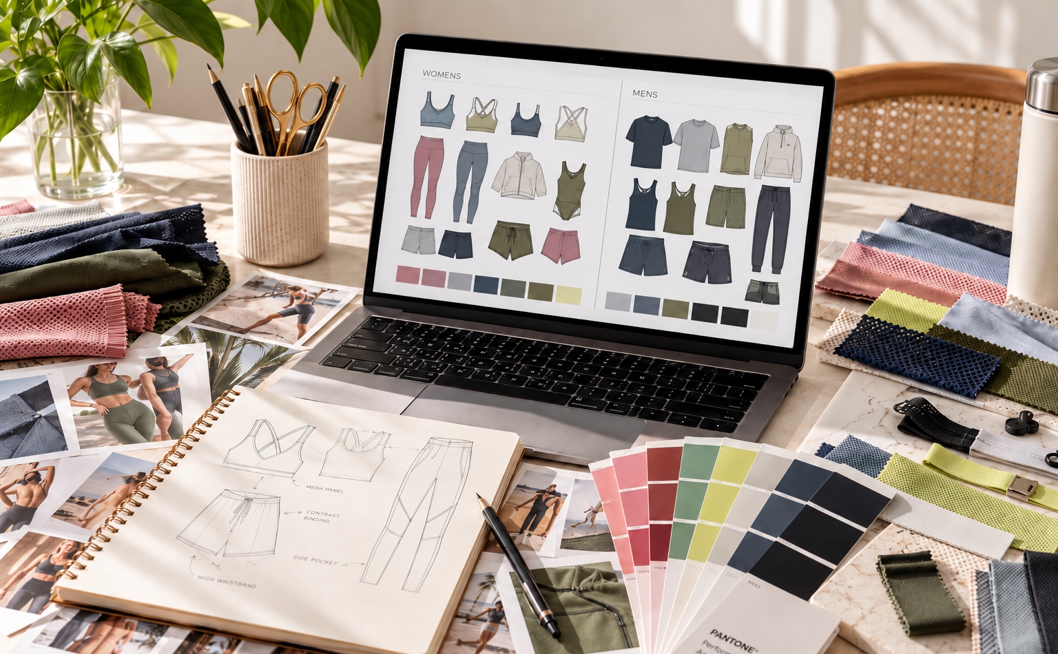 A workspace with fashion design sketches, fabric swatches, a laptop displaying clothing designs, and photos of models wearing activewear.