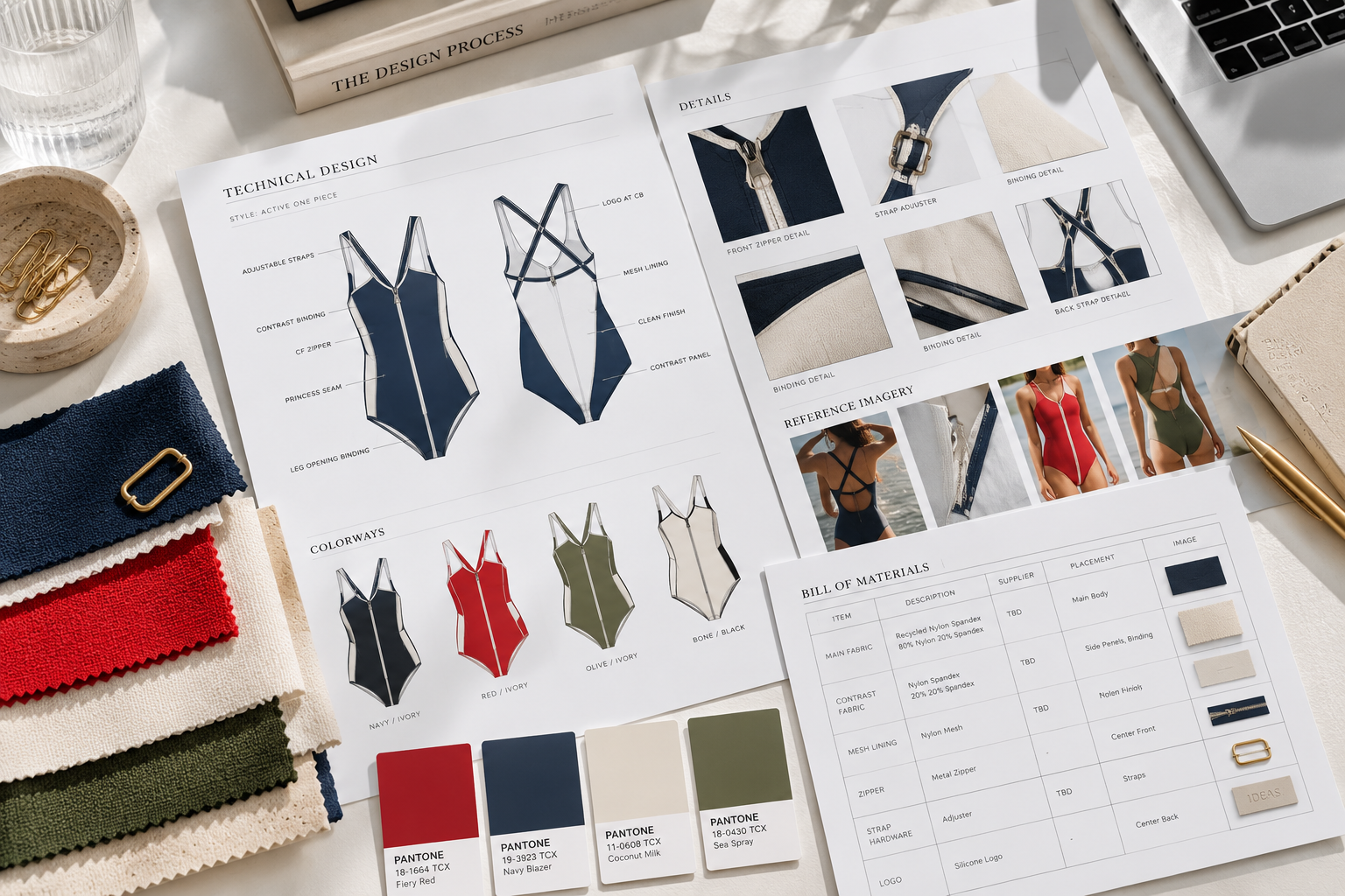 Design plans for swimsuits with fabric swatches, color options, and material details on a desk.