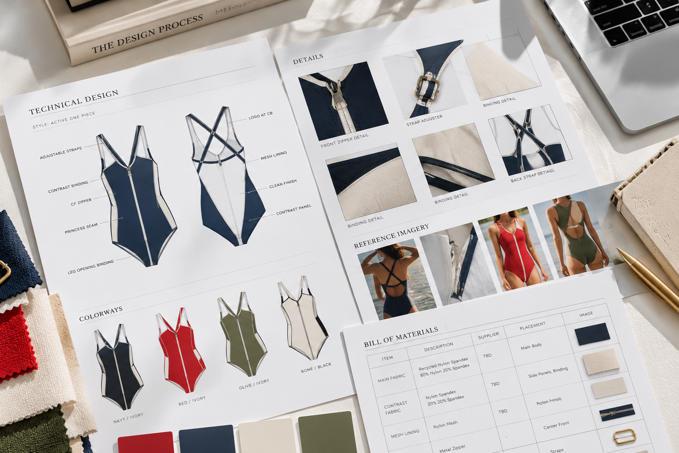 Design sketches and fabric swatches for a one-piece swimsuit, including color options, detailed drawings, and reference images, along with a laptop, pen, and materials on a workspace table.