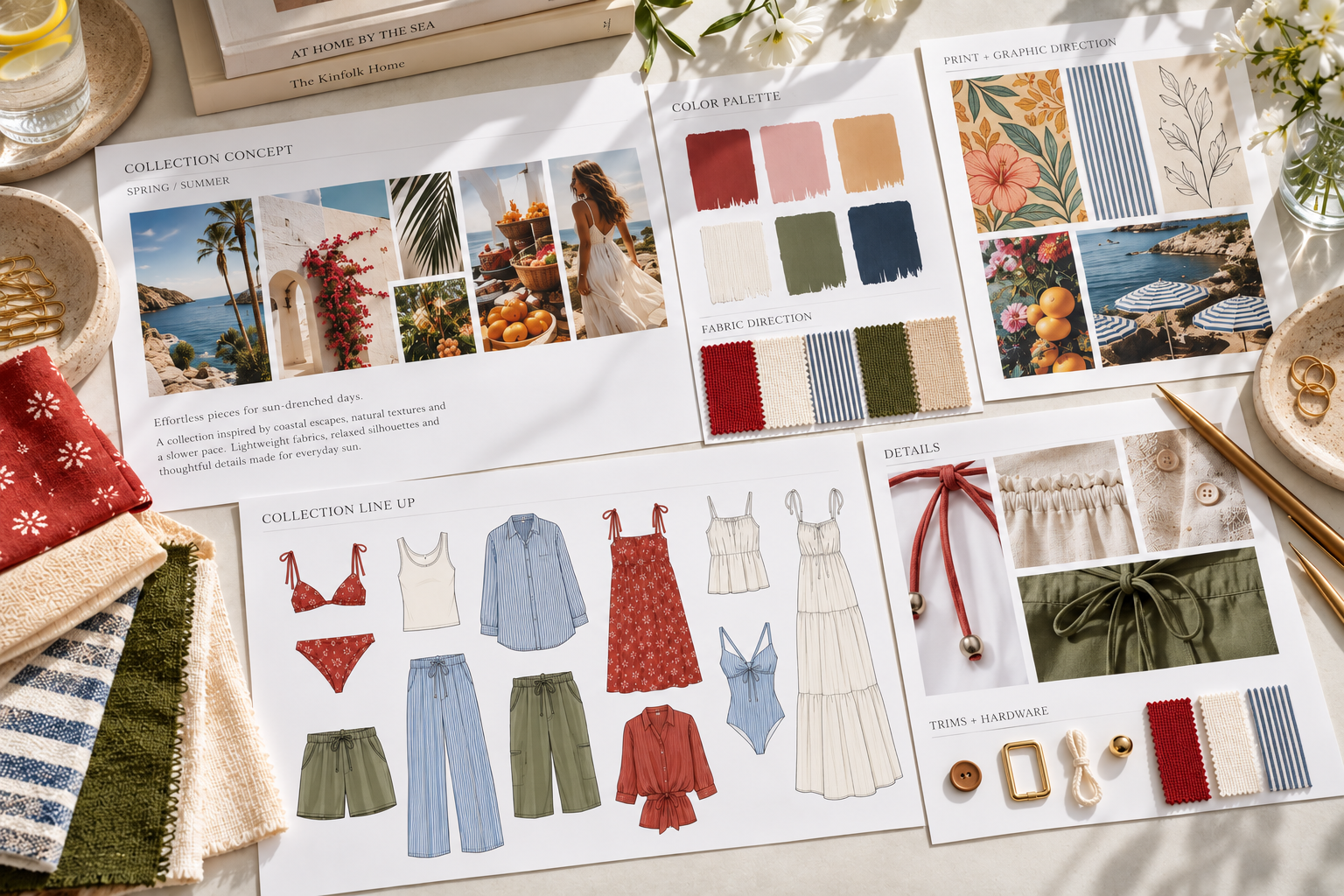 Arrangement of fashion and design mood boards with fabric swatches, illustrations of clothing line, color palette, and seaside photography, surrounded by fabric swatches, jewelry, and decorative items on a table.