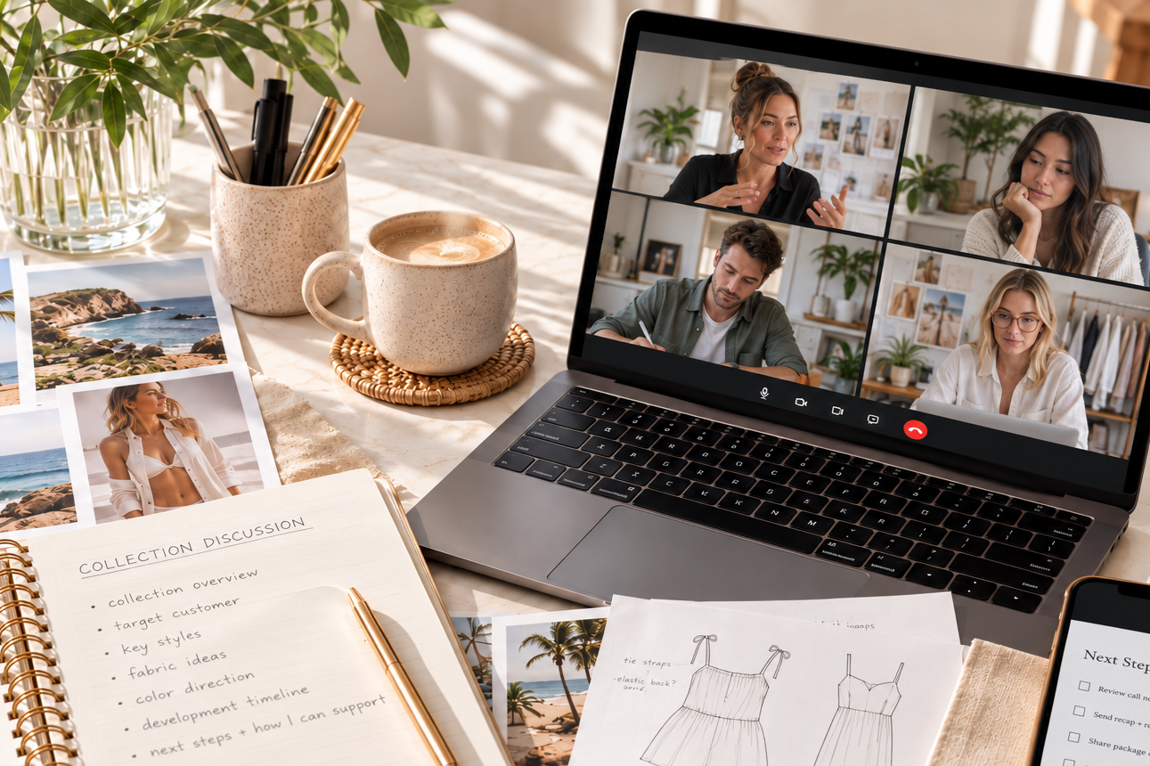 A laptop on a desk displaying a video conference with five women. The desk has photos, sketches of clothing, a planner, a cup of coffee, and a container with pens. The setting is bright and cozy, possibly a creative workspace or home office.