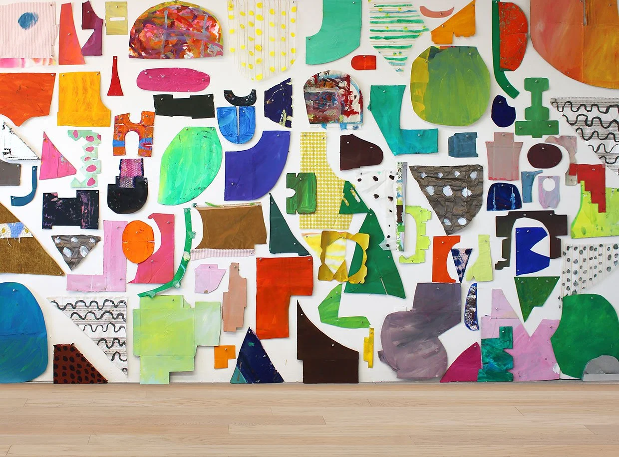 Slowdown Summer, 2018, Floor view, acrylic, paper, fabric, ink and cardboard, 9 x 22 ft