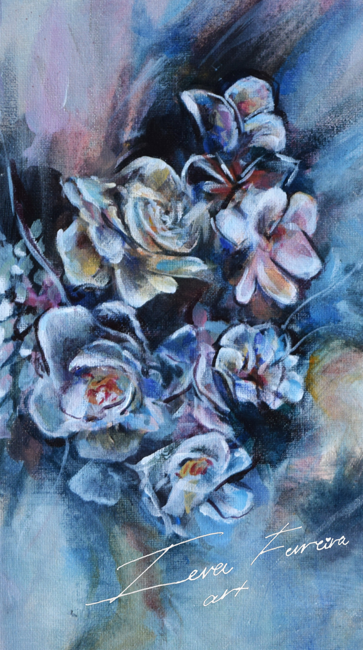 Blue flowers painting, blue floral painting, abstract blue floral painting,impressionist pink rose painting with ethereal lighting by Ieva Ferreira Art
