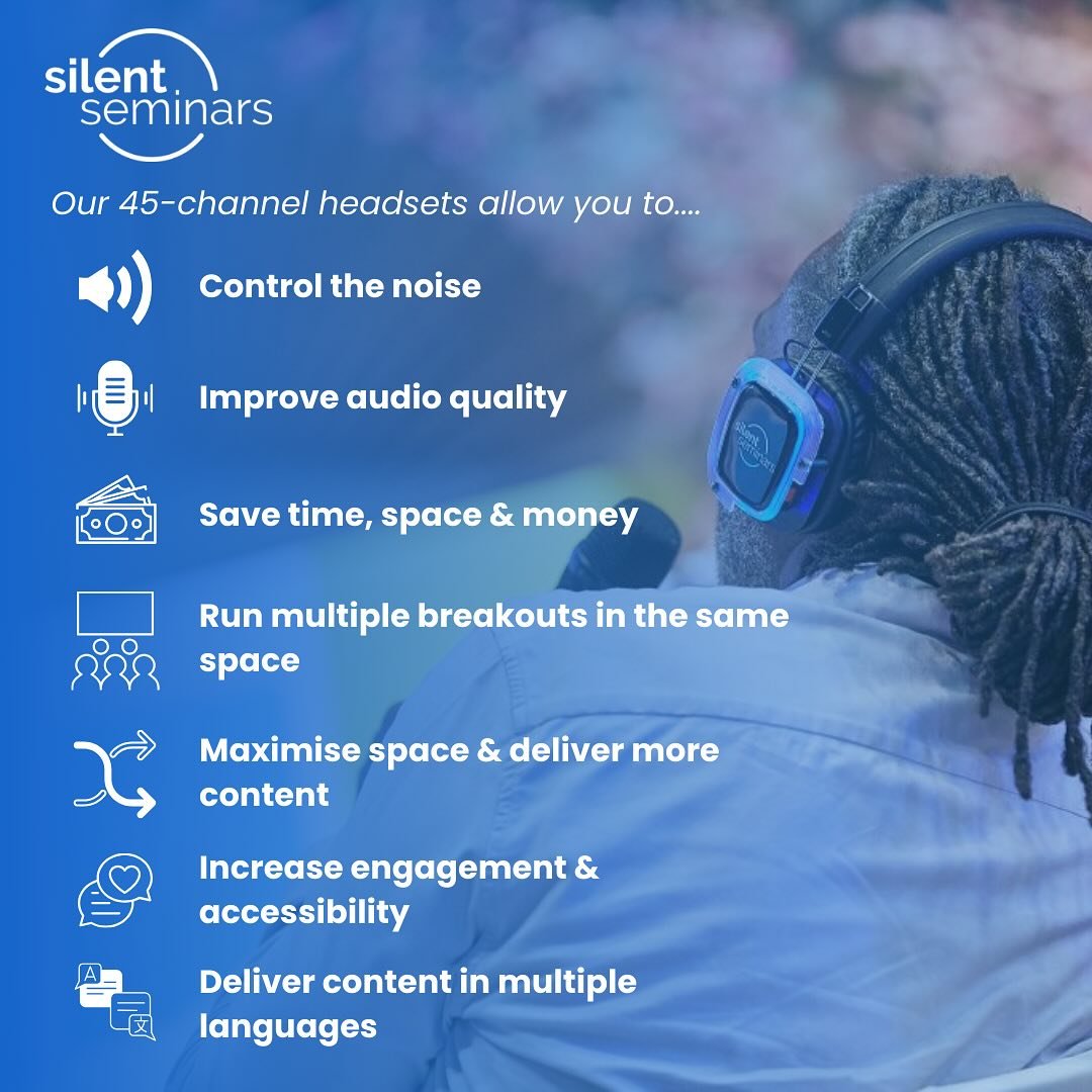 Whether you&rsquo;re dealing with overcrowded spaces or noise control, our 45-channel headsets offer the solution:

🎧 Improved audio quality
🏢 Run multiple sessions in one room without disruption
🌍 Seamlessly deliver content in multiple languages

