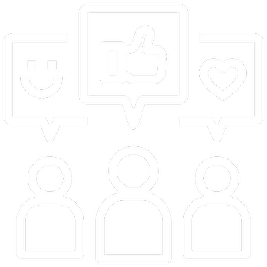 Three speech bubbles with social media icons (smiley face, thumbs up, heart) above three simple human figures.