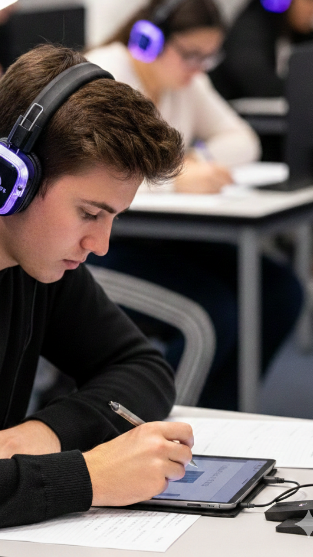 A young man with brown hair wearing black headphones and a black shirt is sitting at a desk, writing on a notepad with a silver pen. He is also looking at a tablet connected to a power source. In the background, slightly out of focus, there are other people with headsets, taking notes or working on laptops.
