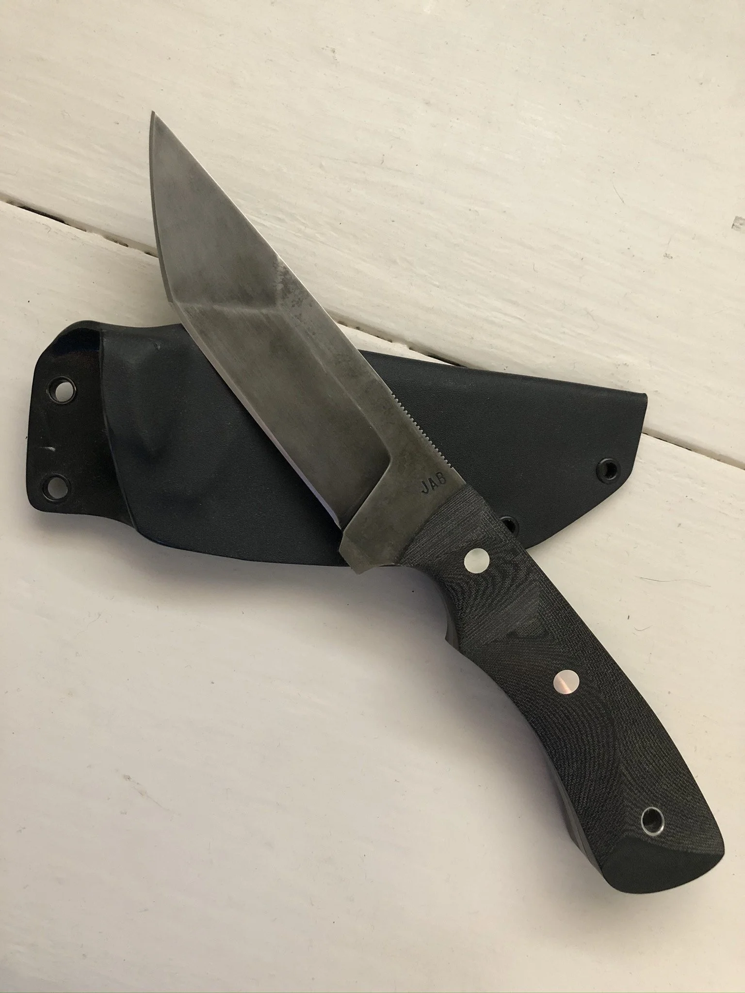 Tanto Style Blade: Weatherd Cold Blue Finish and Black Linen Micarta Scales (Sold on ArizonaCustomKnives.com)