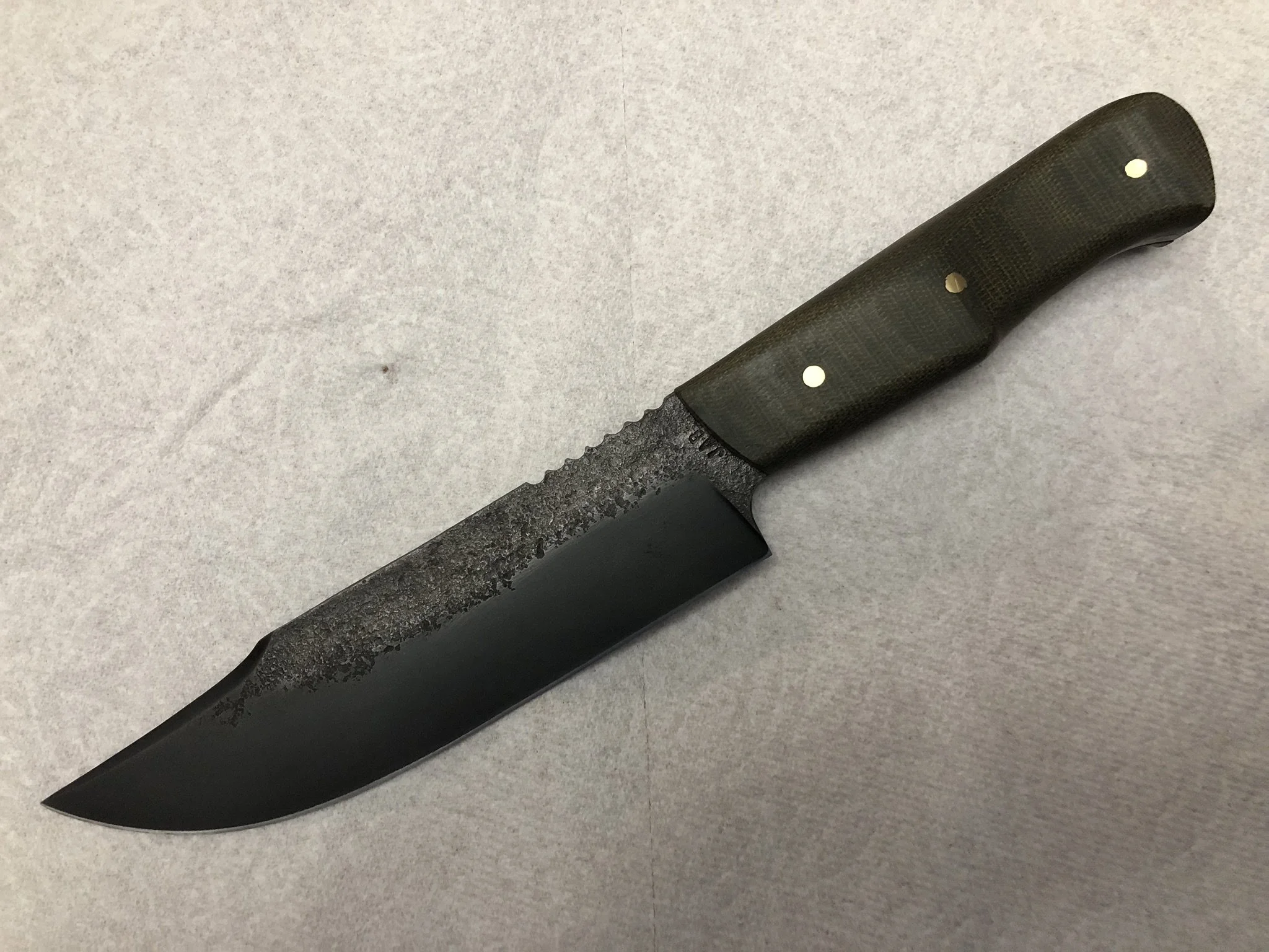 Brute De Forge Clip Point Camp Knife with Brass Pins and OD Green Canvas Micarta