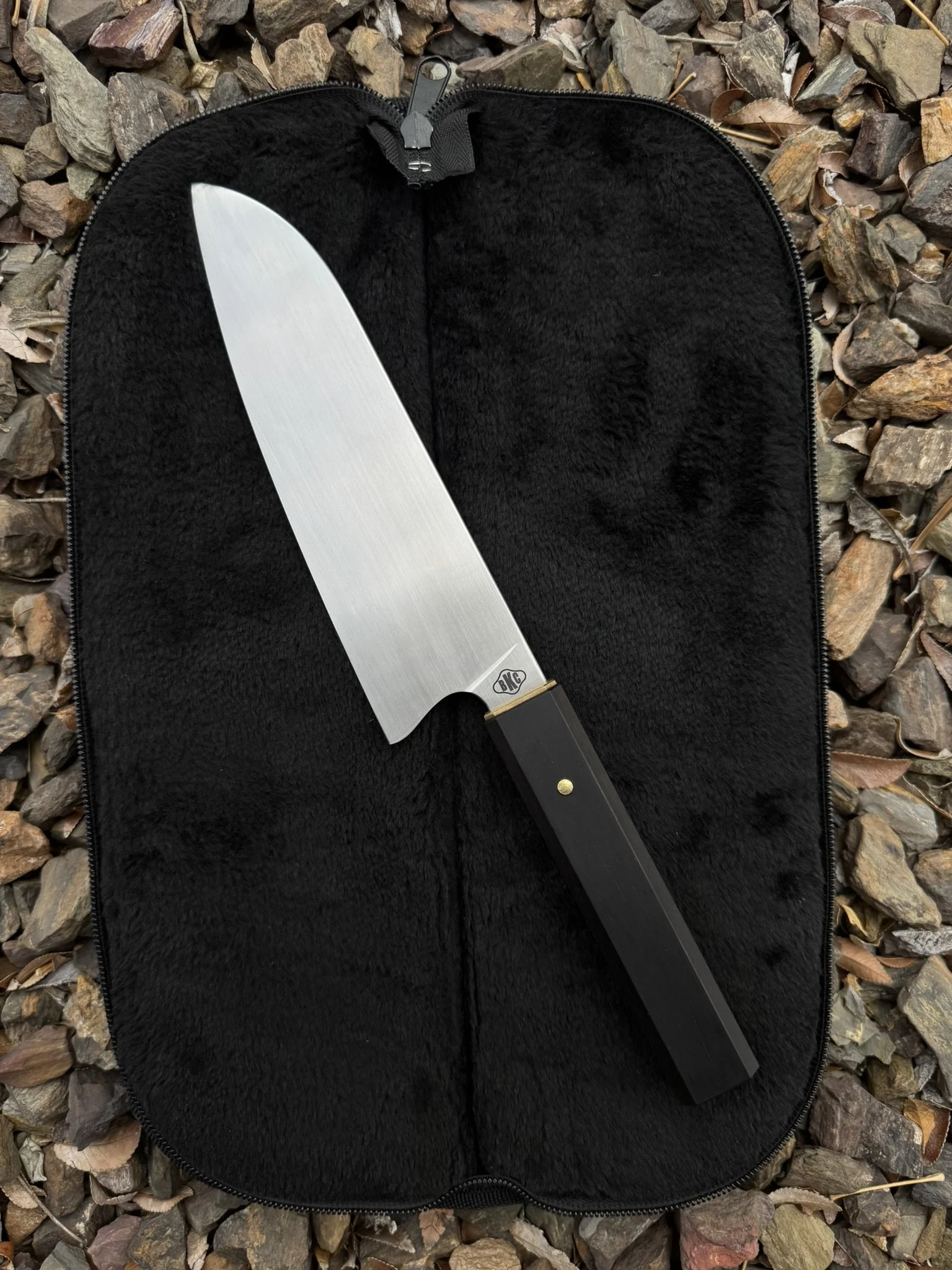 Santoku Style Chefs Knife: Brass Guard, Domed Brass Pin, and African Blackwood Wa Style Handle