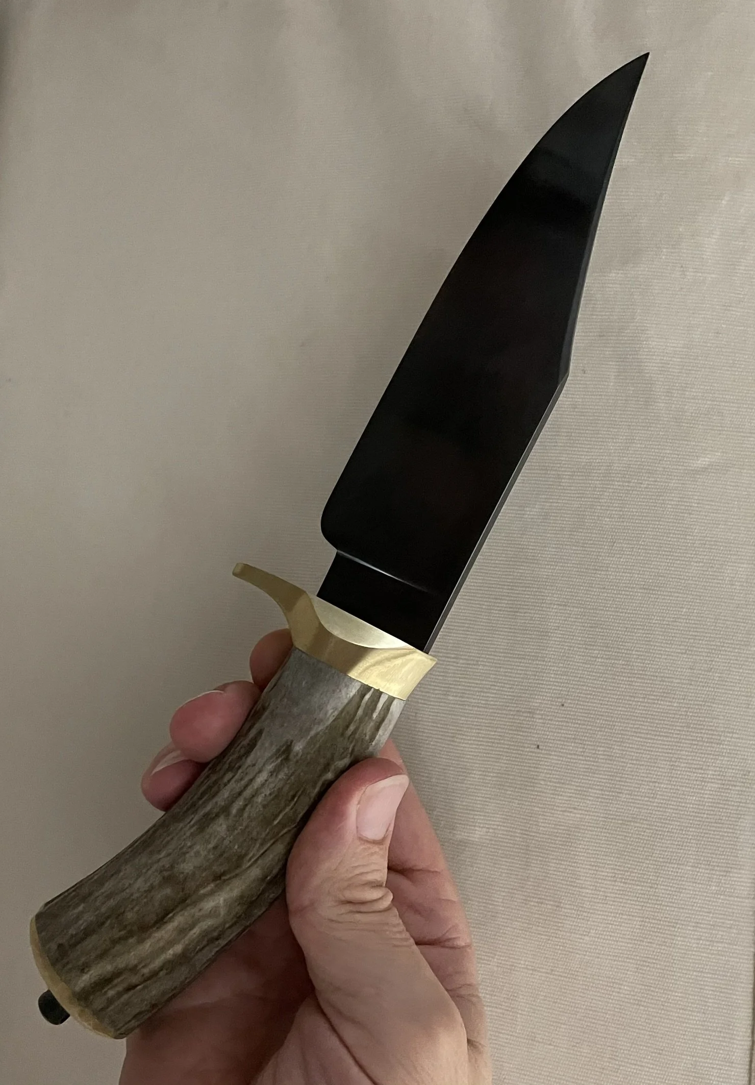 First Ever Commissioned Knife: Small Clip Point Bowie, Cold Blue Finish, Brass guard, Mule Deer Antler Handle, Brass Butt Plate, and Cold Blued Pommel Nut