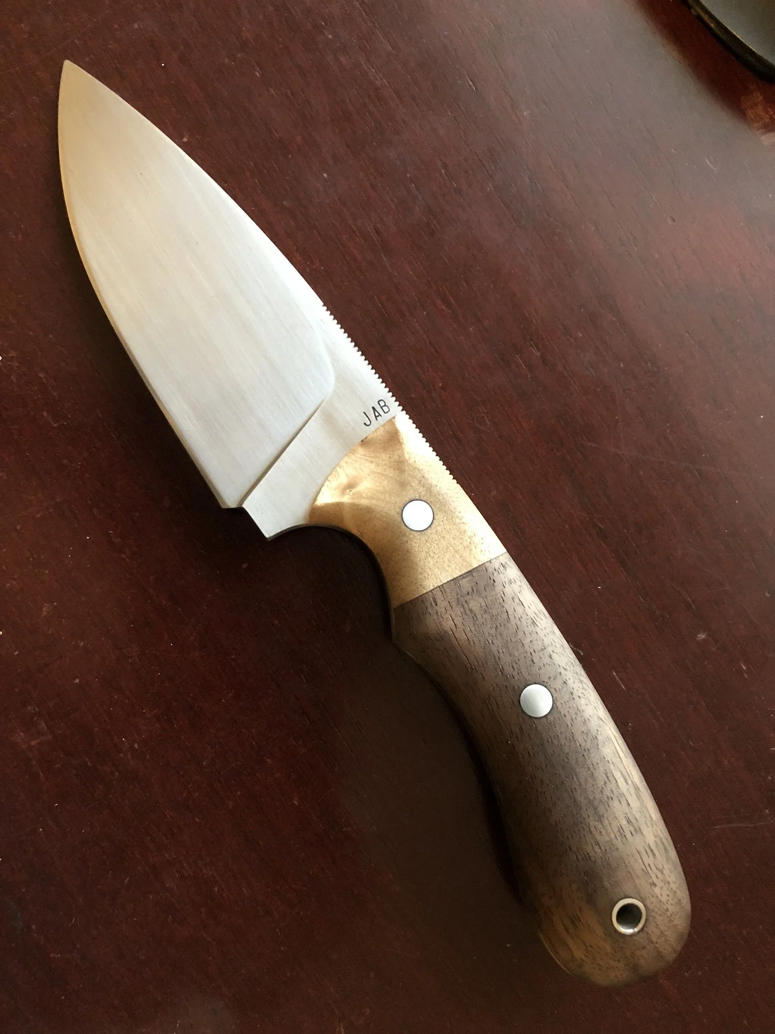 Drop Point Camp Knife: Hand brushed Finish with Walnut and Hickory Handle Scales (Sold on ArizonaCustomKnives.com)