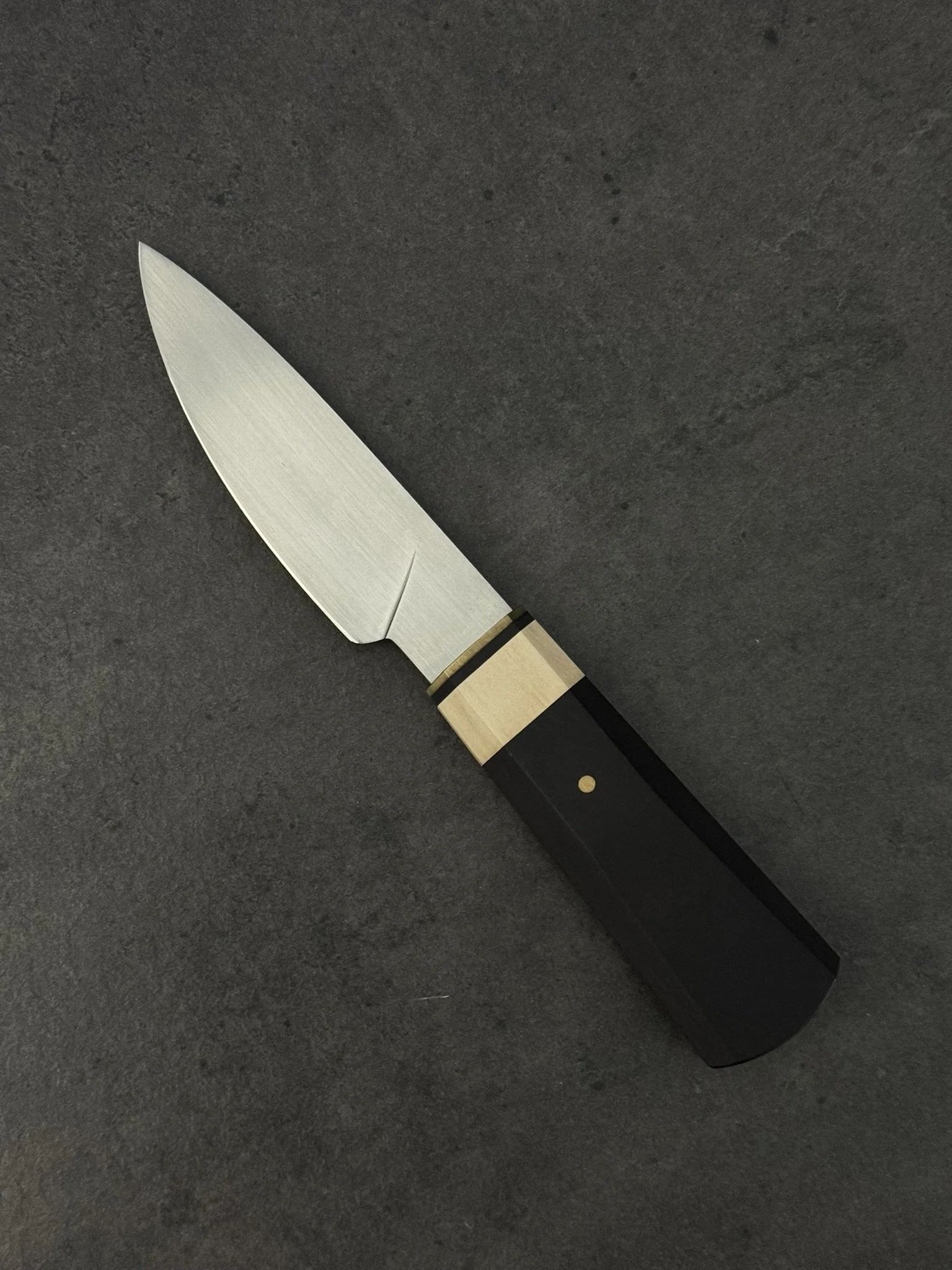 Japanese Style Paring Knife: Brass Guard, Black G10 Spacer, White Paper Micarta and African Blackwood Handle